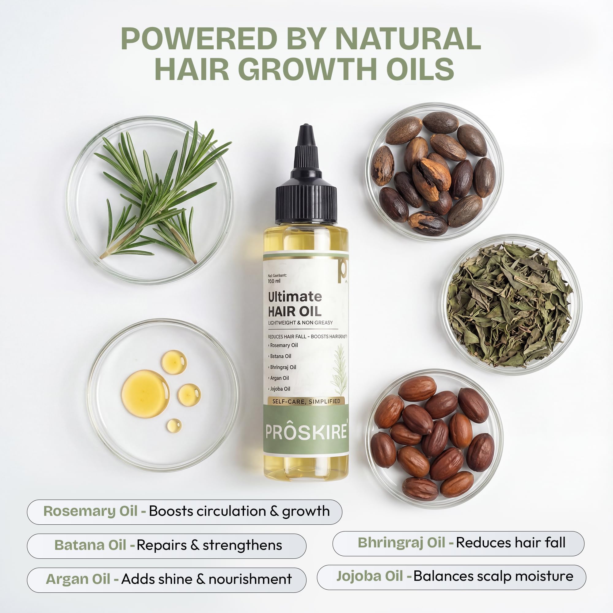 Proskire Ultimate Hair Growth Oil | Lightweight Non-Greasy Hair Growth Oil with Rosemary, Batana & Bhringraj | Reduces Hair Fall & Boosts Hair Density - 100ml