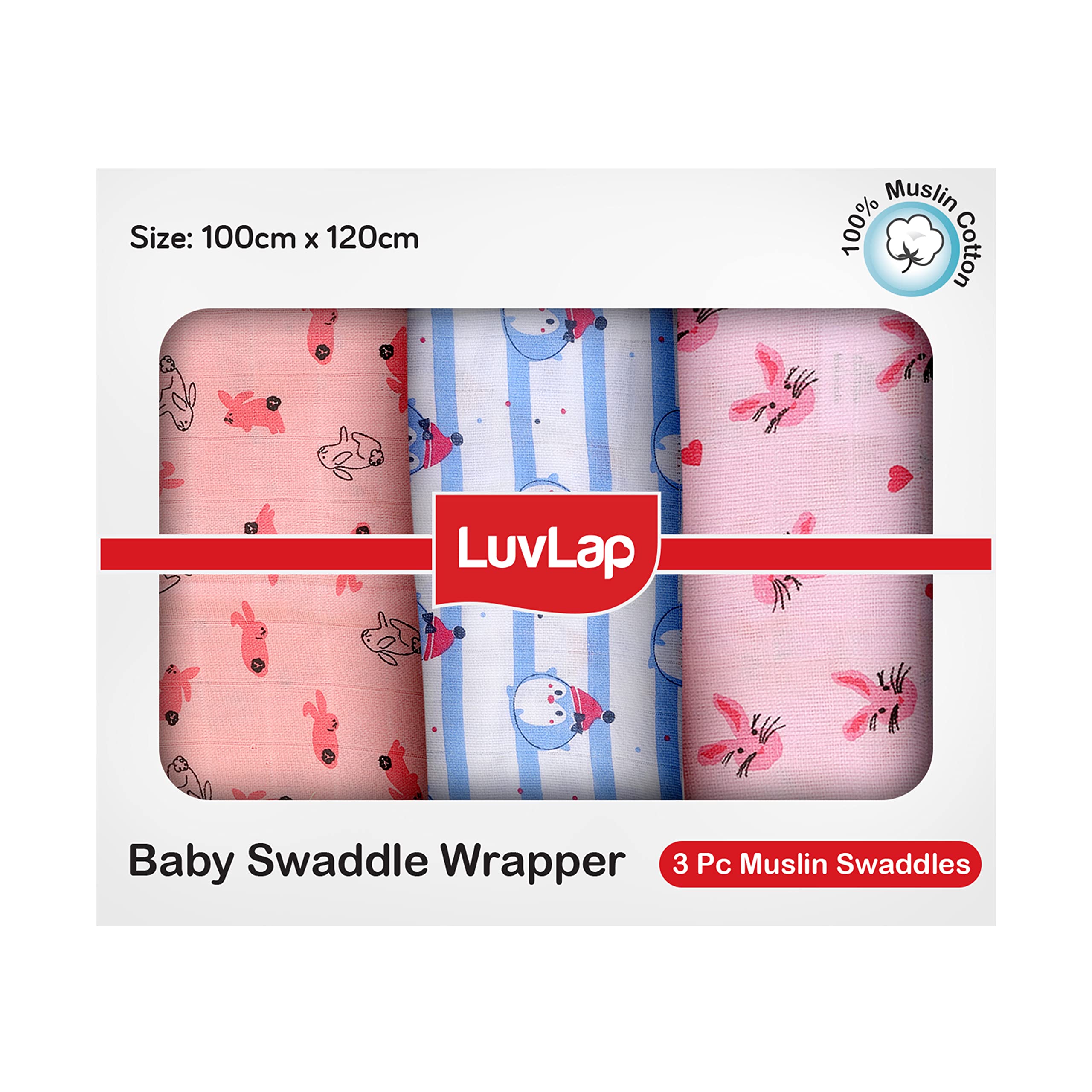 LuvLap 100% Cotton Muslin Baby Swaddle Set, Pack of 3, Size-120cm x 100cm (47"x39"), Penguin Rabbit Print, 0-18 Month+, Printed Muslin Swaddle Wrap for New Born Baby - Baby Product from LuvLap - Shop in Sri Lanka at Arcade.lk