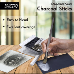 Brustro Artist Compressed Carre Charcoal Sticks - Set of 6 (5 Black & 1 White Stick) | Ideal for Portrait Charcoal Art, Sketching, Shading, Blending, Drawing, Craft, Professional use.