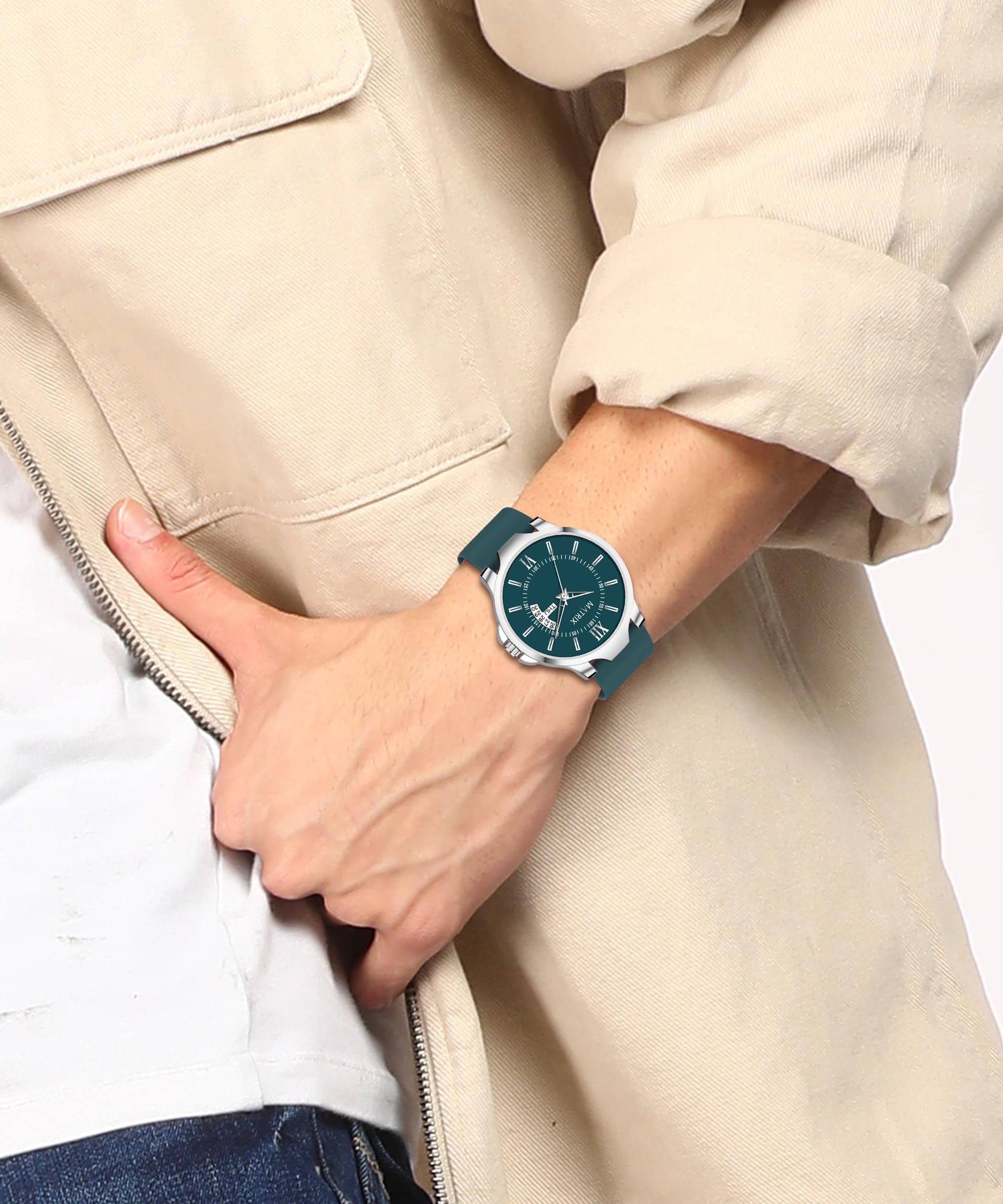 Matrix Antique 2.0 Day & Date Softest Silicone Strap Analog Watch for Men & Boys (Teal)