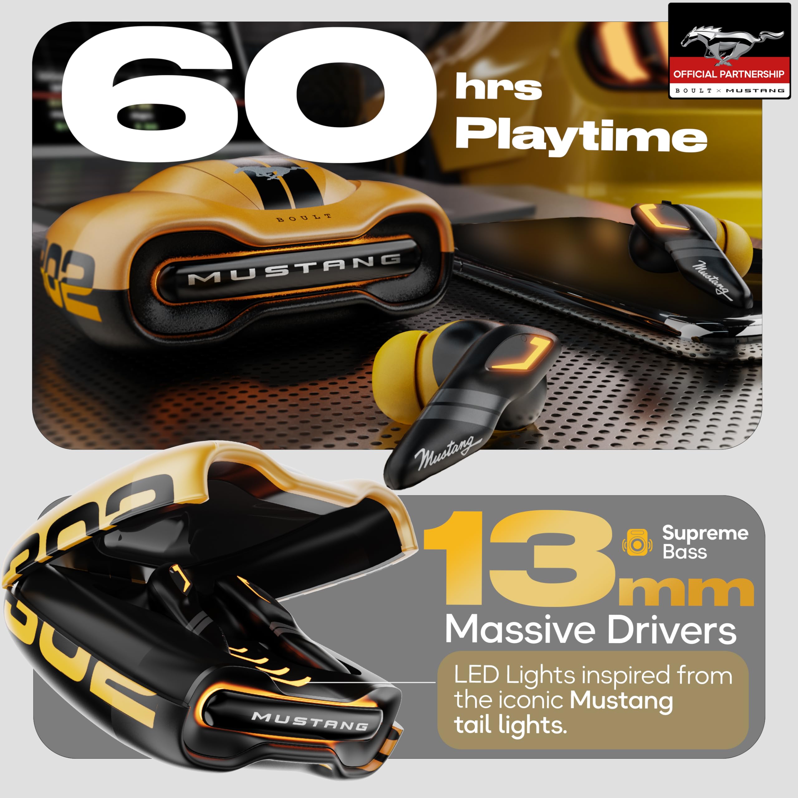 Boult Mustang Newly Launched Torq TWS Earbuds with 60H Playtime, App Support, 4 Mics, ENC, 45ms Low Latency, 13mm Driver, Breathing LEDs,Touch Control, Made in India, IPX5, Ear Buds Wireless (Yellow)