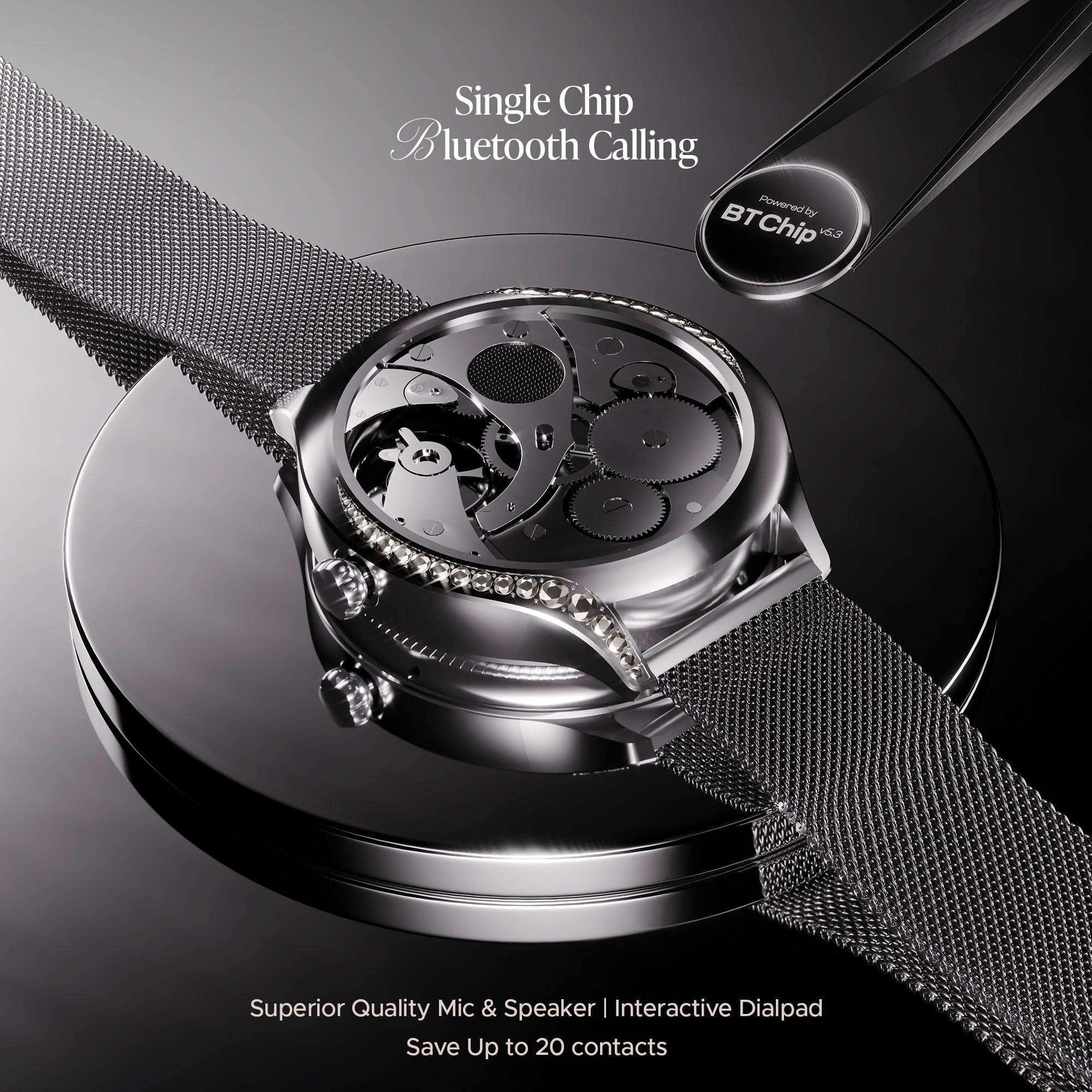 boAt Enigma Gem Women's Luxury Smart Watch w/ 1.19” (3.02cm) AMOLED Display, Emergency SOS Live Location Sharing, Watch Face Studio, QR Tray, BT Calling, 700+ Active Mode, HR & SpO2 (Metallic Silver)