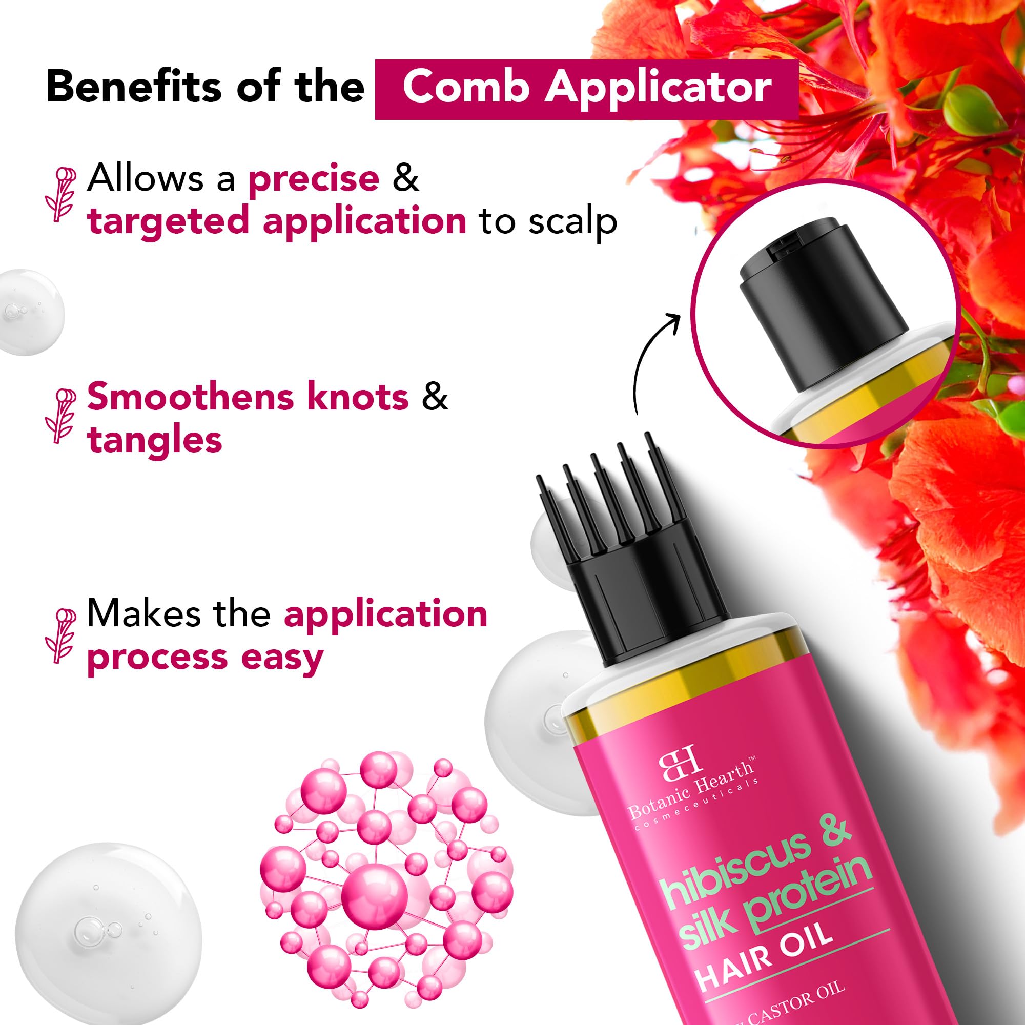 Botanic Hearth Hibiscus Silk Protein Hair Oil for Hair Growth & Hair Fall Control|Nourishing Scalp & Hair Treatment with Castor Oil |Reduces Frizz, Adds Shine|Comb Applicator |For Men & Women|150 ml