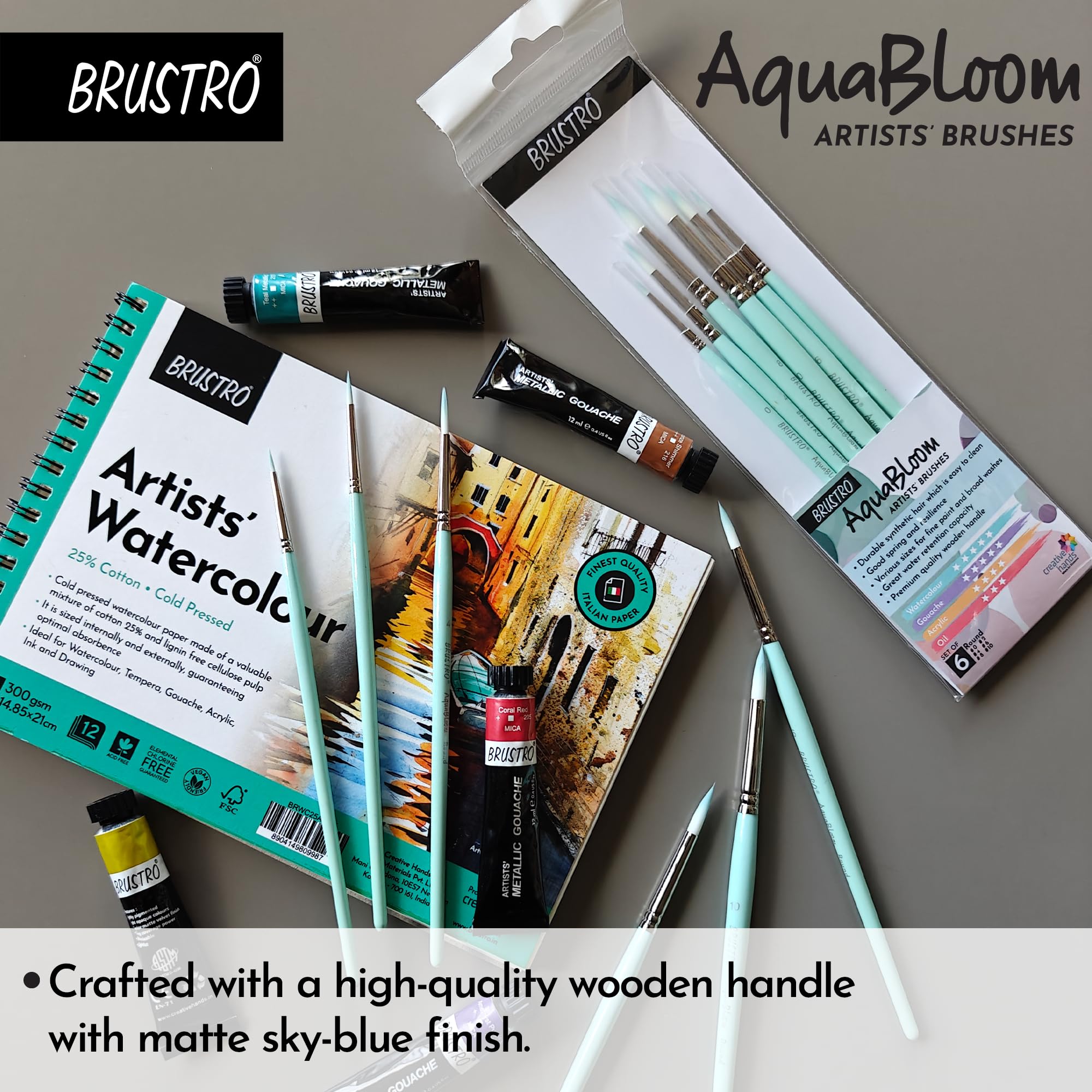 BRUSTRO AquaBloom Artist's Paint Brushes | Round | Set of 6 - Sizes (0, 2, 4, 6, 8, 10) | Wooden Handle, Comfortable Grip, Synthetic Bristles, Ideal for Watercolour, Gouache, Painting