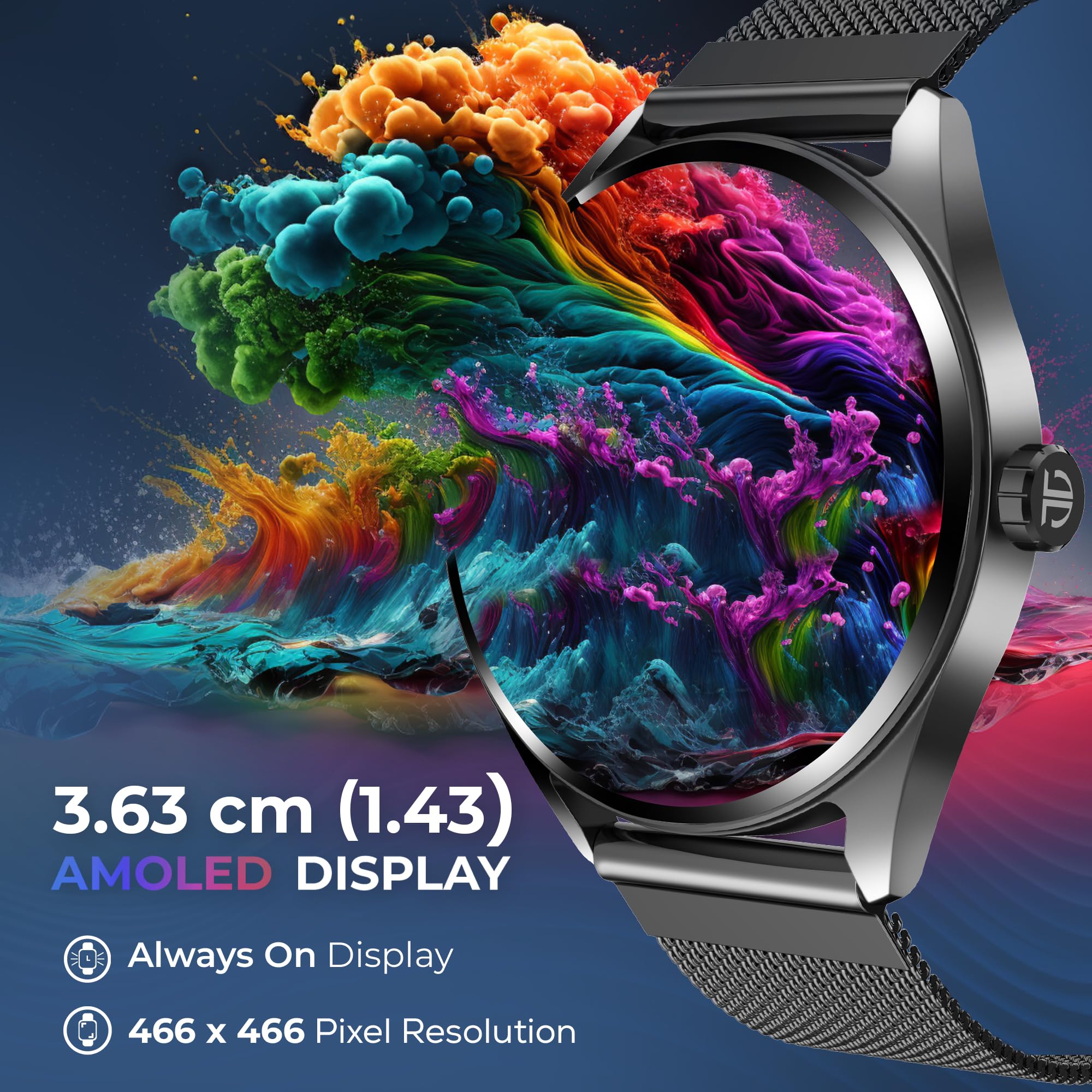 Titan Crest 1.43” AMOLED Smart Watch with BT Calling, AI Morning Briefs, Functional Crown, Health Tracking, Aluminium Body, 100+ Sports Modes, Smartwatch for Men and Women - Black Silicone Strap