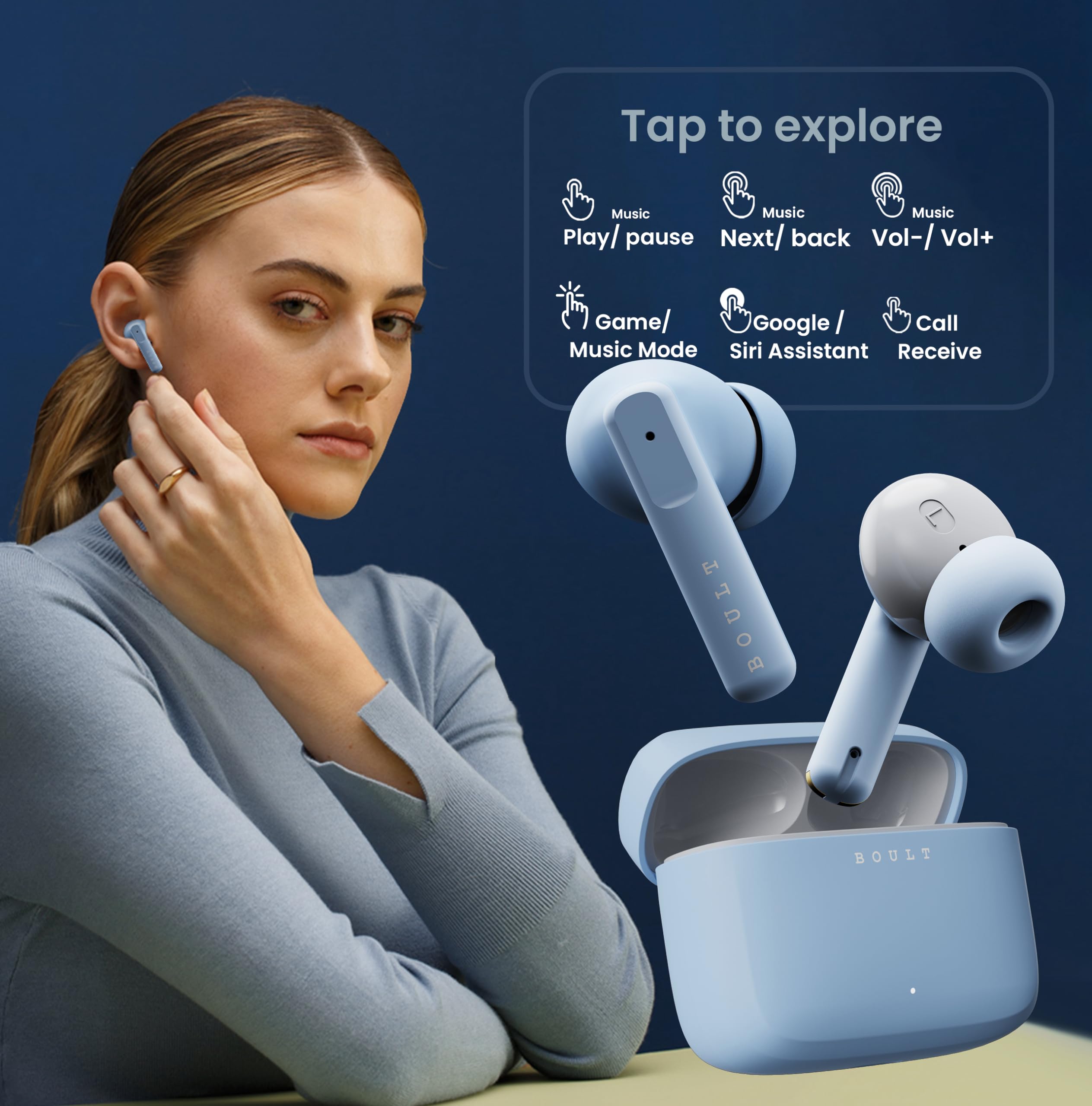 Boult Z60 Truly Wireless in Ear Earbuds with 60H Playtime, Zen™ ENC Mic, 50ms Low Latency, 13mm Bass Drivers, Type-C Fast Charging, Made in India, BT V5.3, Touch Control, IPX5 Ear Buds (Powder Blue)