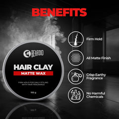 Beardo Hair Clay Wax for Men, 100 gm | Hair Clay for men | Styling Wax | Volumizing | Strong Hold | Restylable |Matte Finish | Easy to Wash Off | Texture Clay for Men