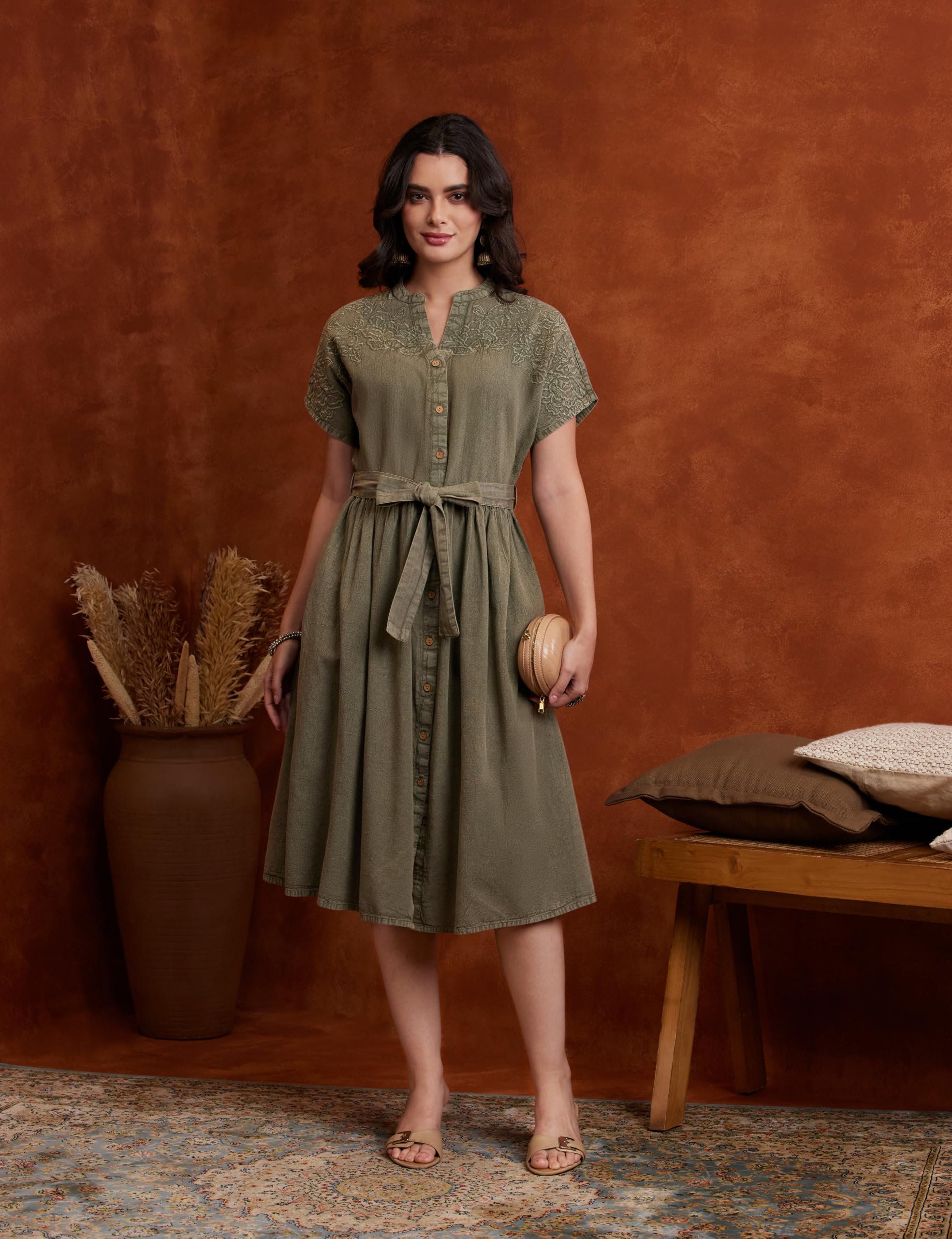 Myx Women's Embroidered Shirt Dress | Cotton Blend | Below The Knee (Available in Plus Sizes)