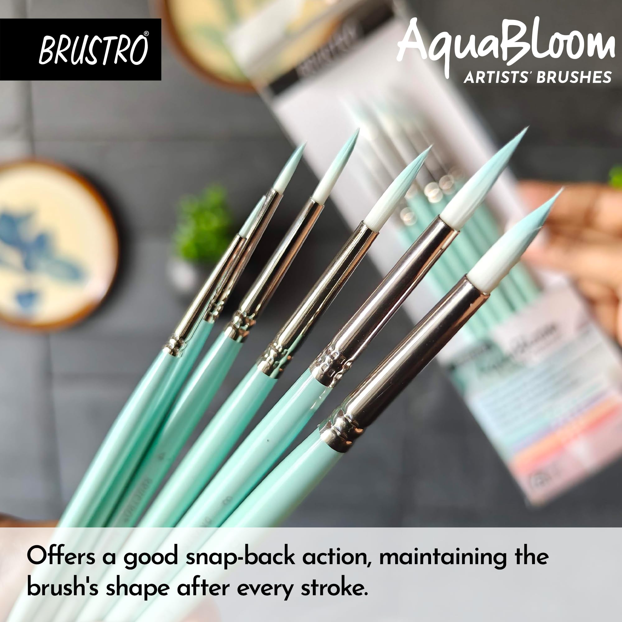 BRUSTRO AquaBloom Artist's Paint Brushes | Round | Set of 6 - Sizes (0, 2, 4, 6, 8, 10) | Wooden Handle, Comfortable Grip, Synthetic Bristles, Ideal for Watercolour, Gouache, Painting