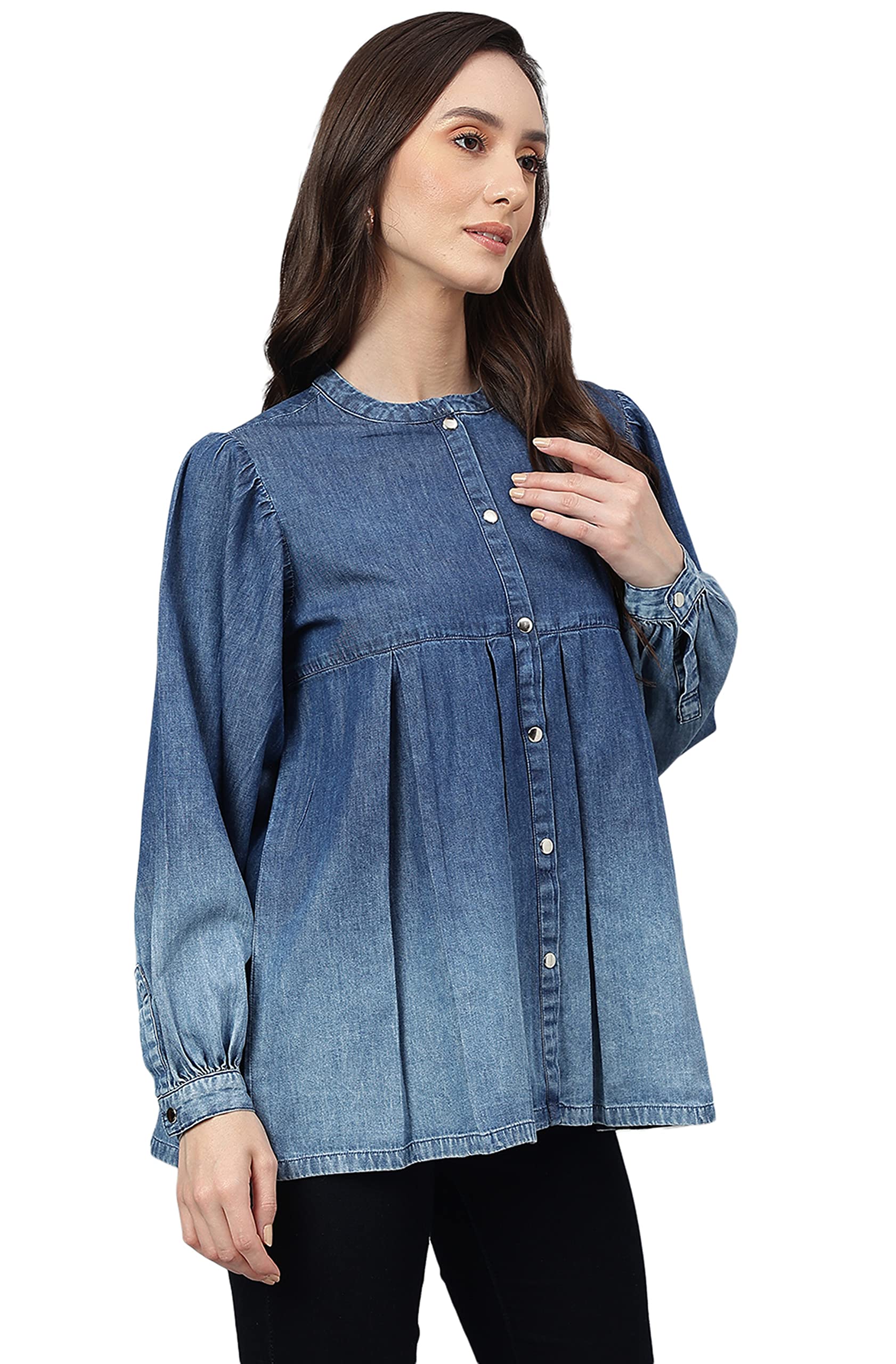 Women's Blue Denim Faded Flared Top(JNE4078-TP-M)