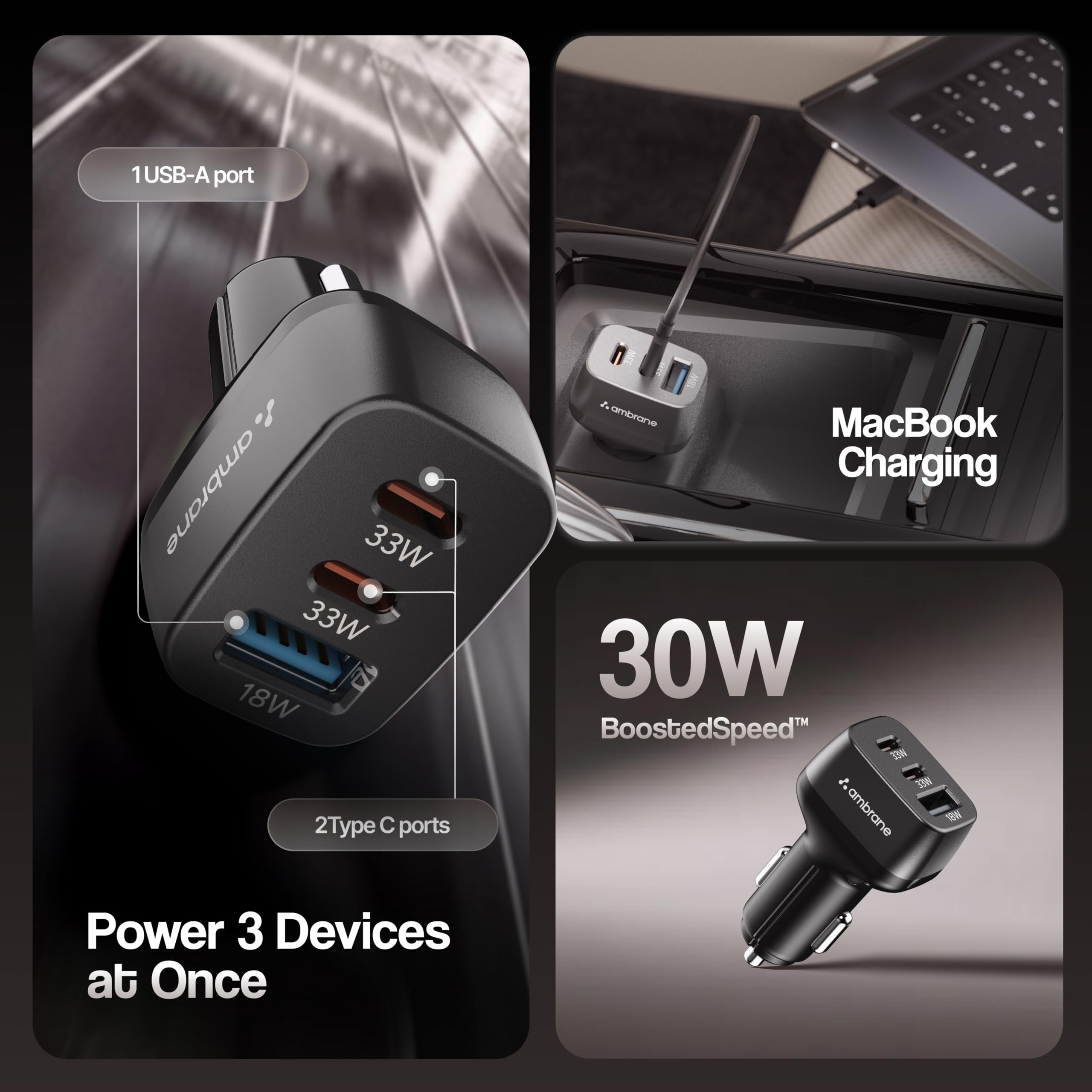 Ambrane 84W Triple Output Fast Car Charger with 2 Type-C & 1 USB, 33W Type C Charging with PD, Fast Charging Adapter Compatible with Cars for iPhone & Android Smartphones (Charge C84,Black)