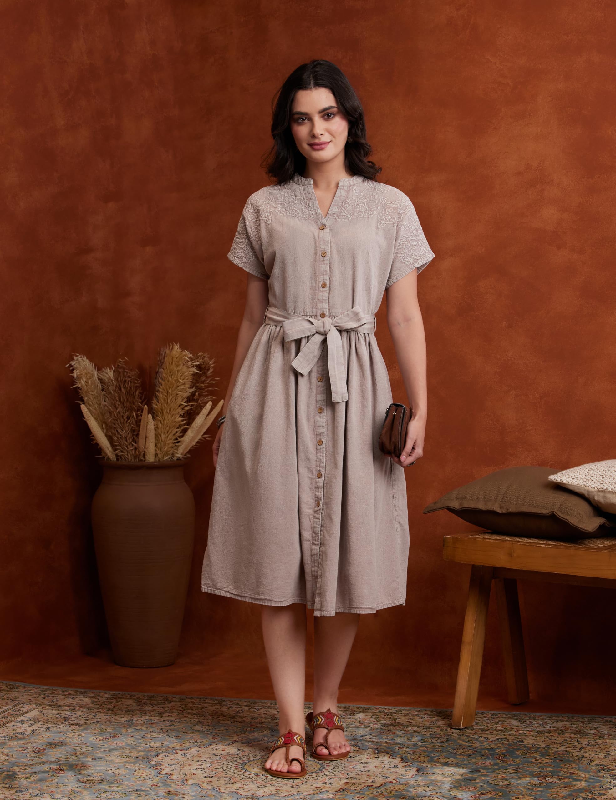 Myx Women's Embroidered Shirt Dress | Cotton Blend | Below The Knee (Available in Plus Sizes)