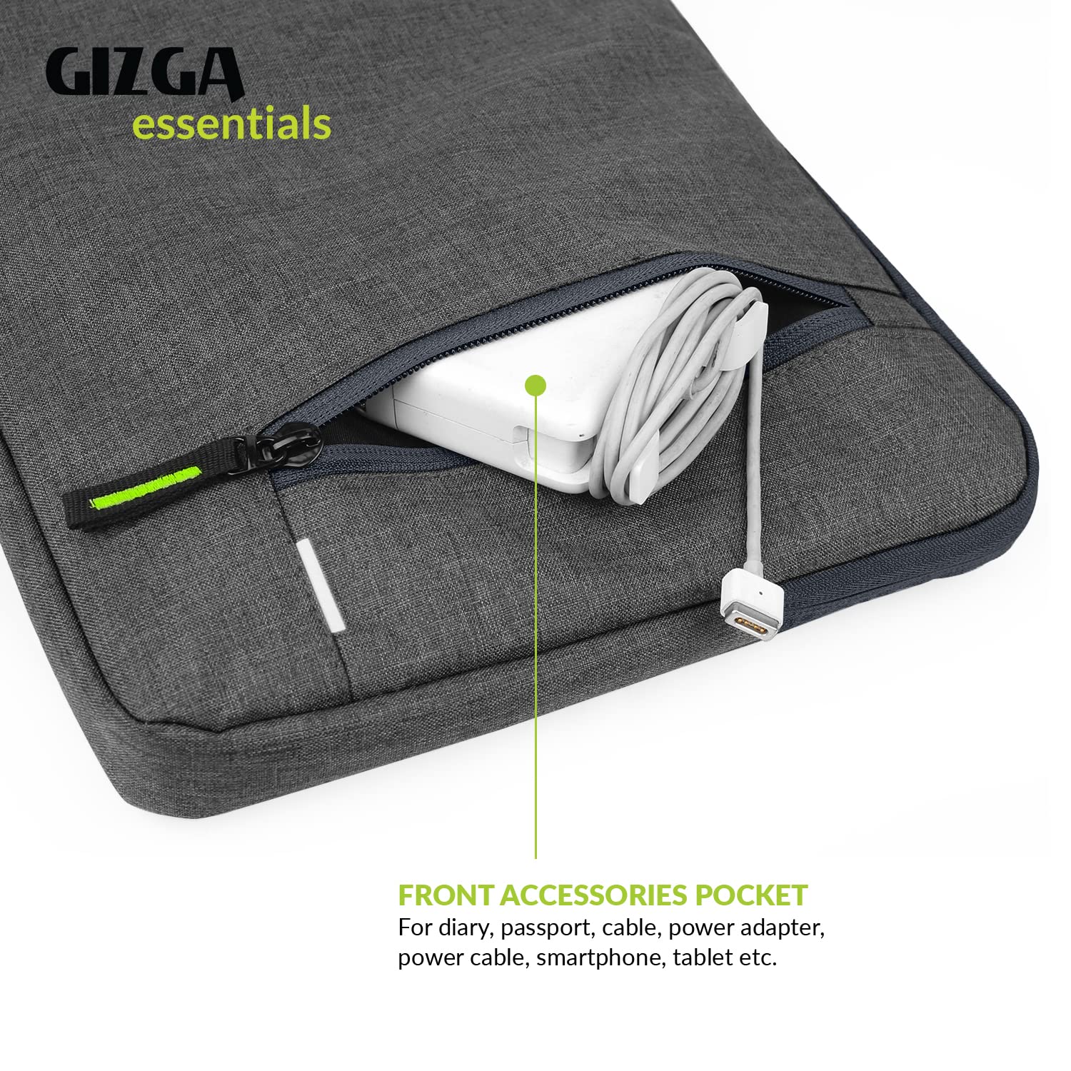 Gizga Essentials Laptop Bag Sleeve Case Cover Pouch for 15.6 Inch Laptop/MacBook, Side Handle, Multiple Pockets, Water Repellent, Shock Absorber, Grey