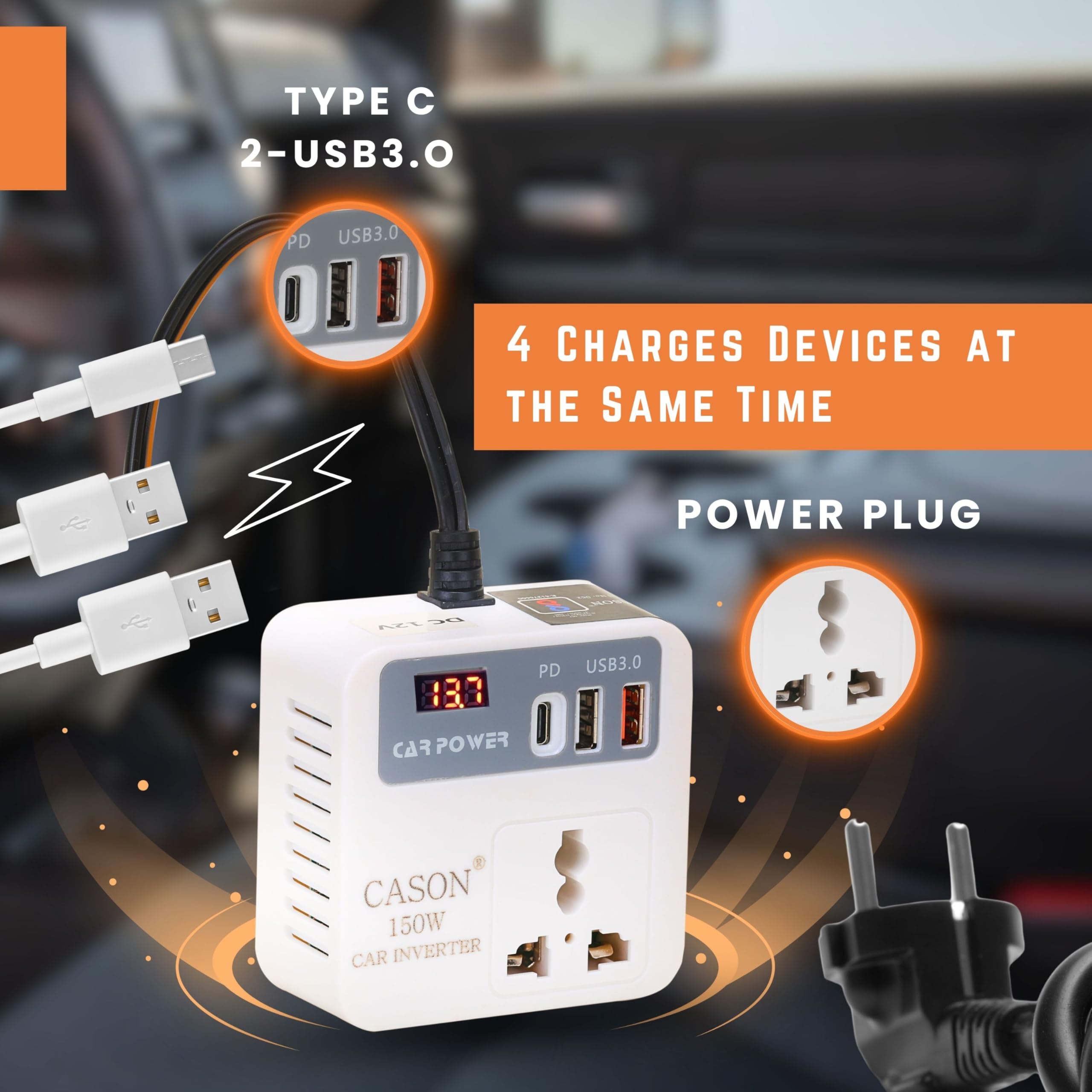 Cason 150W Car Laptop Charger/Power Inverter with 2 USB (3.1A Max) + 1 C Type Smart USB Charging Ports, 12V DC to 220V AC, 2X Universal AC Outlet