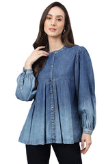 Women's Blue Denim Faded Flared Top(JNE4078-TP-M)