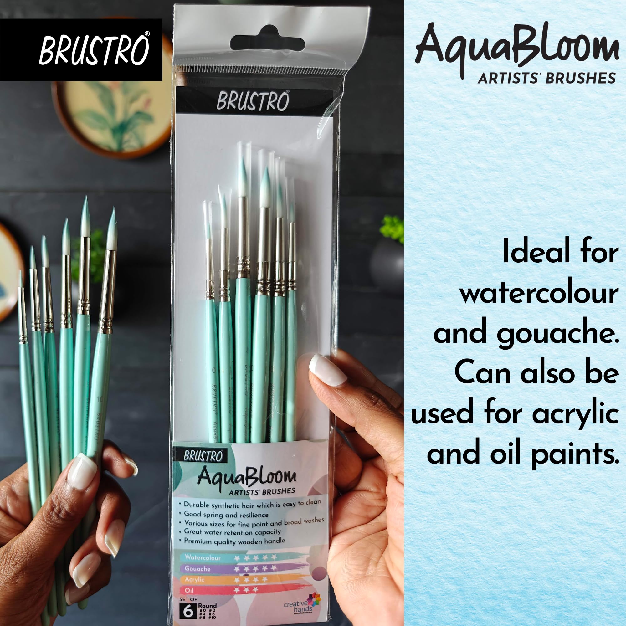 BRUSTRO AquaBloom Artist's Paint Brushes | Round | Set of 6 - Sizes (0, 2, 4, 6, 8, 10) | Wooden Handle, Comfortable Grip, Synthetic Bristles, Ideal for Watercolour, Gouache, Painting