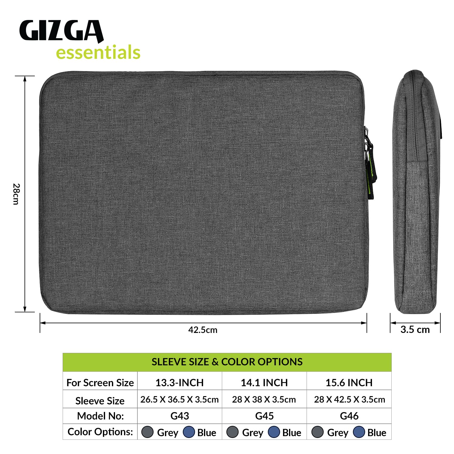 Gizga Essentials Laptop Bag Sleeve Case Cover Pouch for 15.6 Inch Laptop/MacBook, Side Handle, Multiple Pockets, Water Repellent, Shock Absorber, Grey