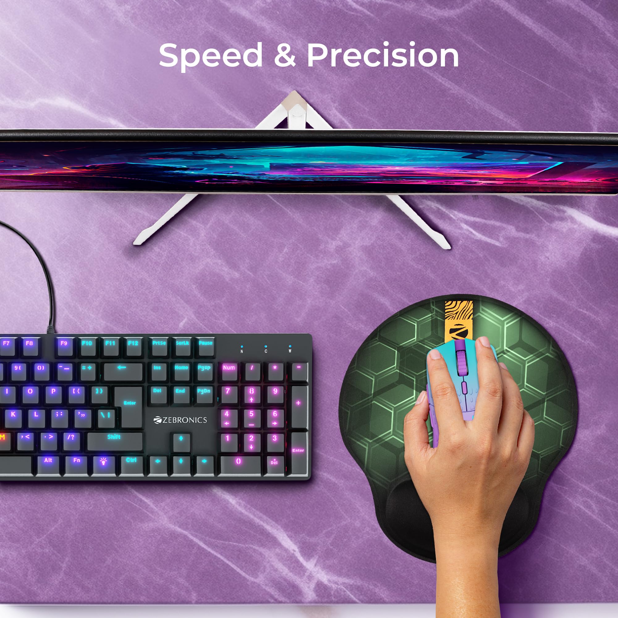 ZEBRONICS MSP-X5 Mouse Pad, Ultra-Smooth Fabric Surface + Memory Foam Wrist Rest, Speed and Precision Optimised for All Mouse Sensors, Anti Slip Rubber Base, Surface of 211 x 240 mm