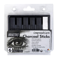 Brustro Artist Compressed Carre Charcoal Sticks - Set of 6 (5 Black & 1 White Stick) | Ideal for Portrait Charcoal Art, Sketching, Shading, Blending, Drawing, Craft, Professional use.