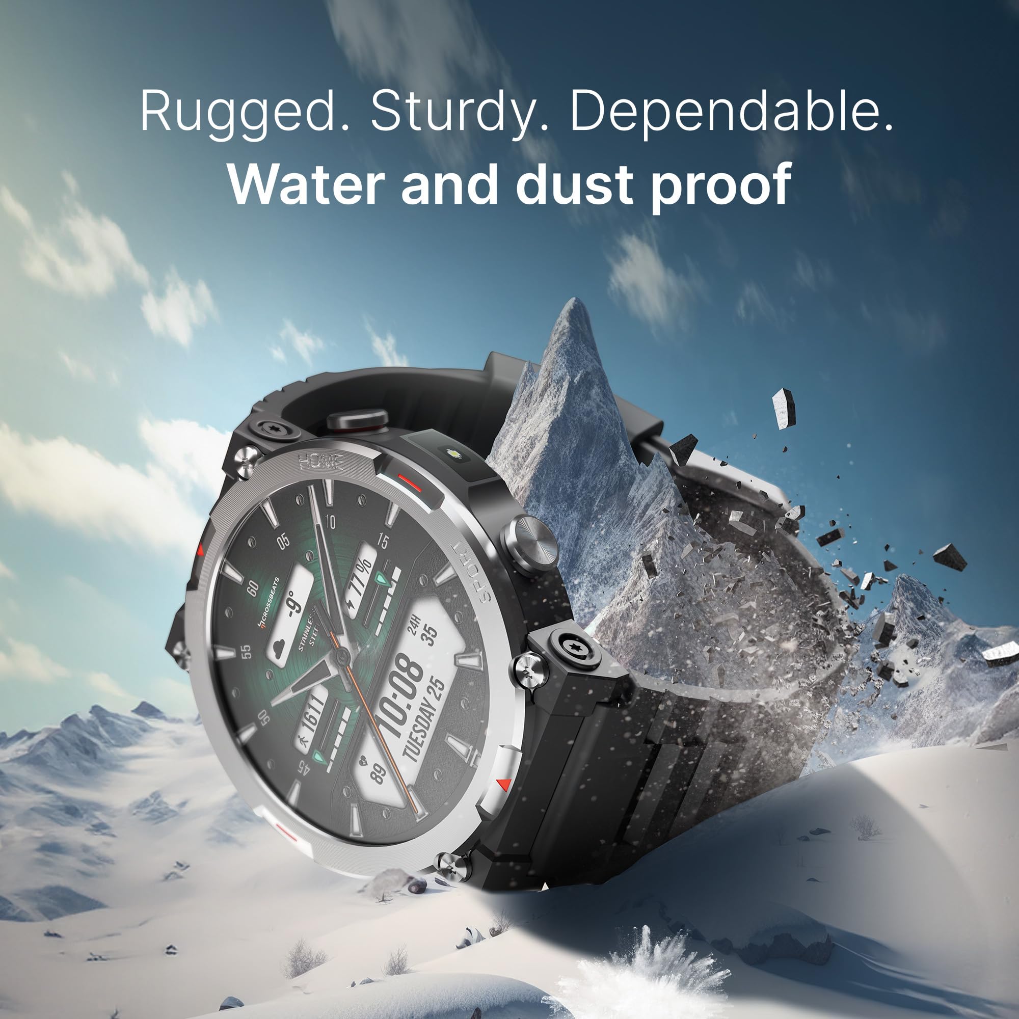CrossBeats Everest 2.0 Smart Watch, 1.43" True AMOLED, Always ON Display Bluetooth Calling Rugged Outdoor with Flash Light Upto 15 Days Battery Life Smartwatch 100+ Sports Mode (Black)