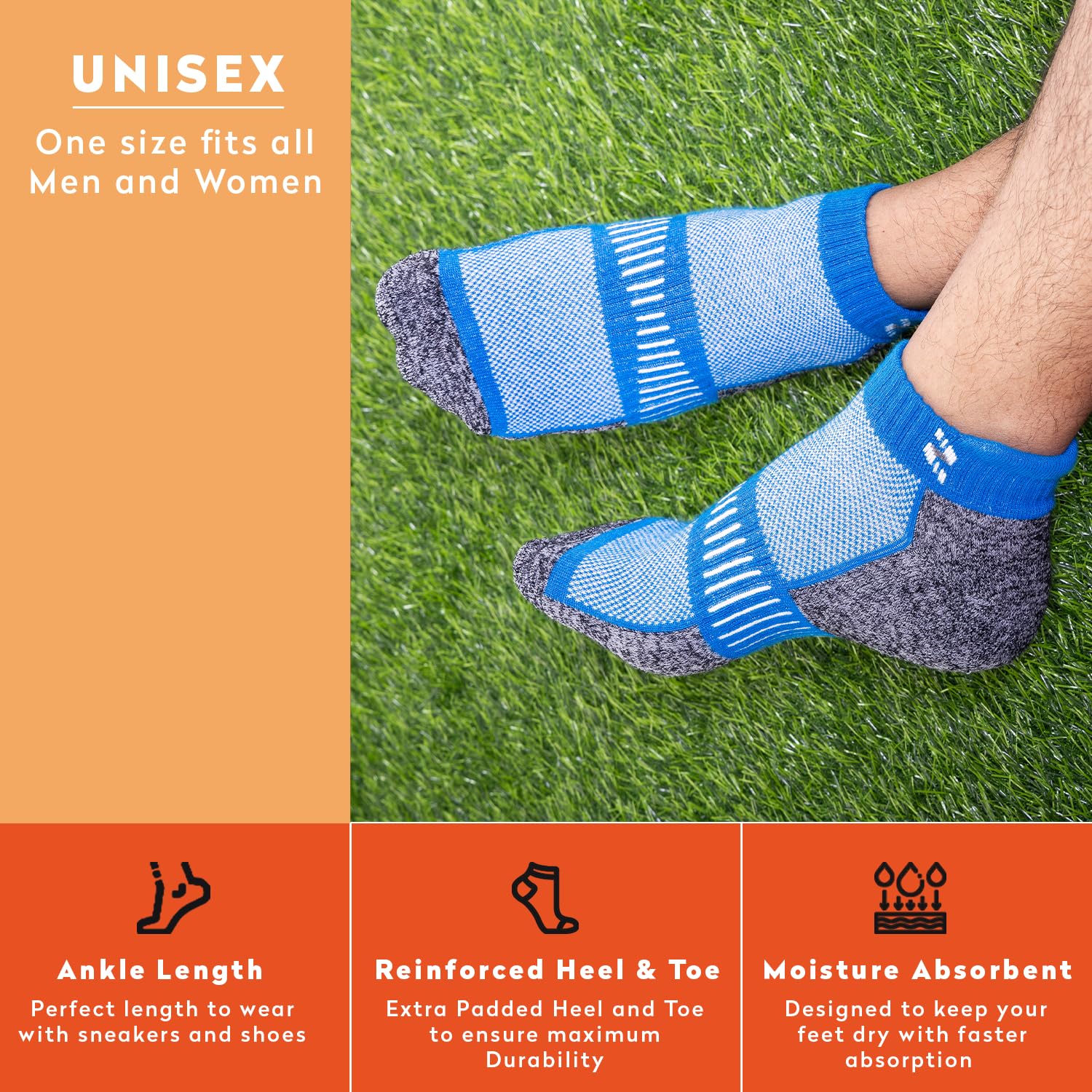 Supersox Anklet Ankle Length Socks for Men & Women (Unisex) Made With Durable, Breathable Cotton, Ideal for Casual Wear, Running, Sports - Pack of 3, Free Size (Orange, Grey, Royal Blue) - Apparel from Supersox - Shop in Sri Lanka at Arcade.lk