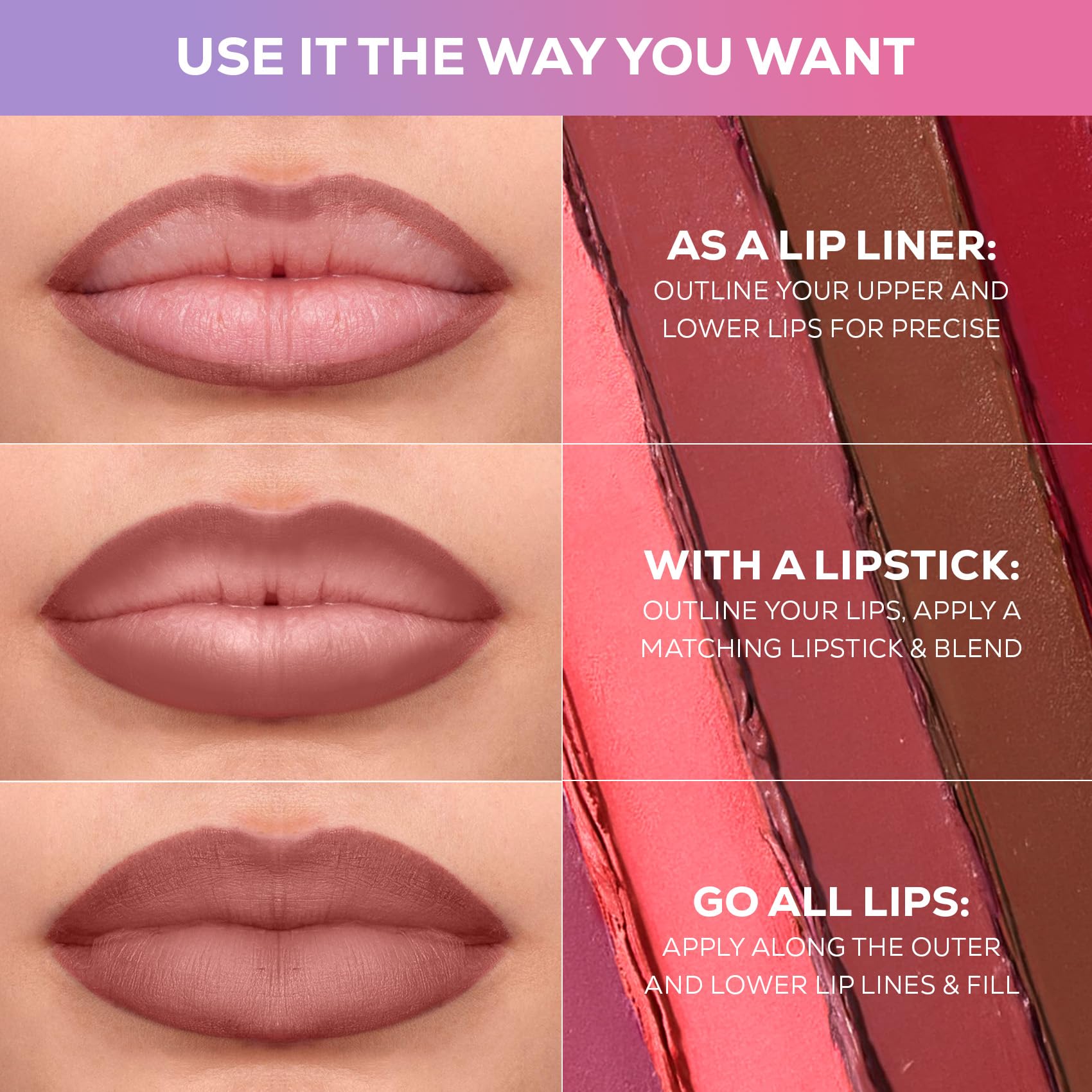 RENEE Outline Lip Liner - Combo of 5 with Built-in Sharpener l Long Lasting l Smudge Proof l Smooth Matte Finish l Rich Color Payoff l One Swipe Application l Ultimate Precision l Easy to Glide