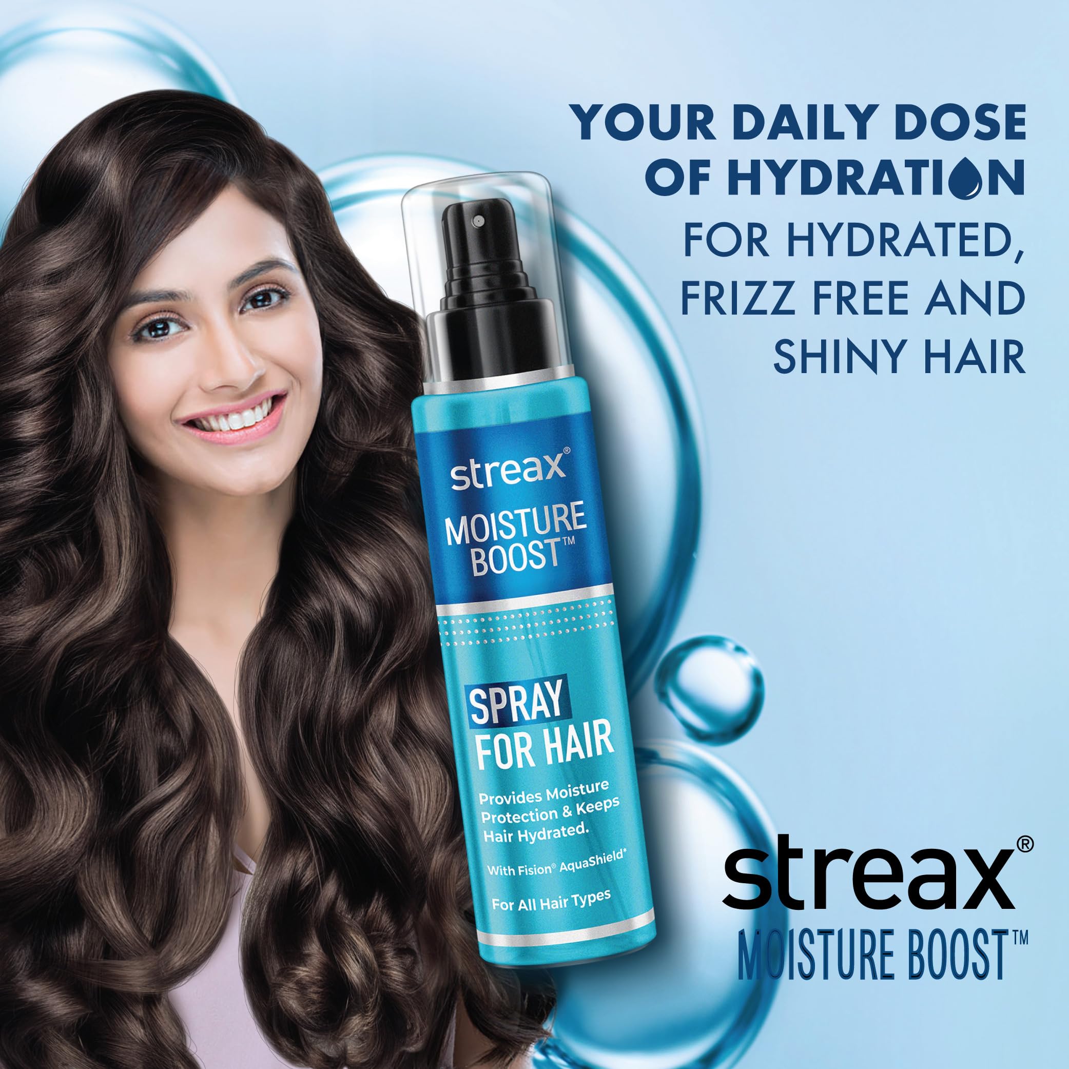 Streax Moisture Boost Spray Hair Serum for Dry Frizzy Hair - 50 ml | Hair Styling Serum for Women & Men | Hydrating, Frizz Free, Smooth & Silky finish I With Fision AquaShield