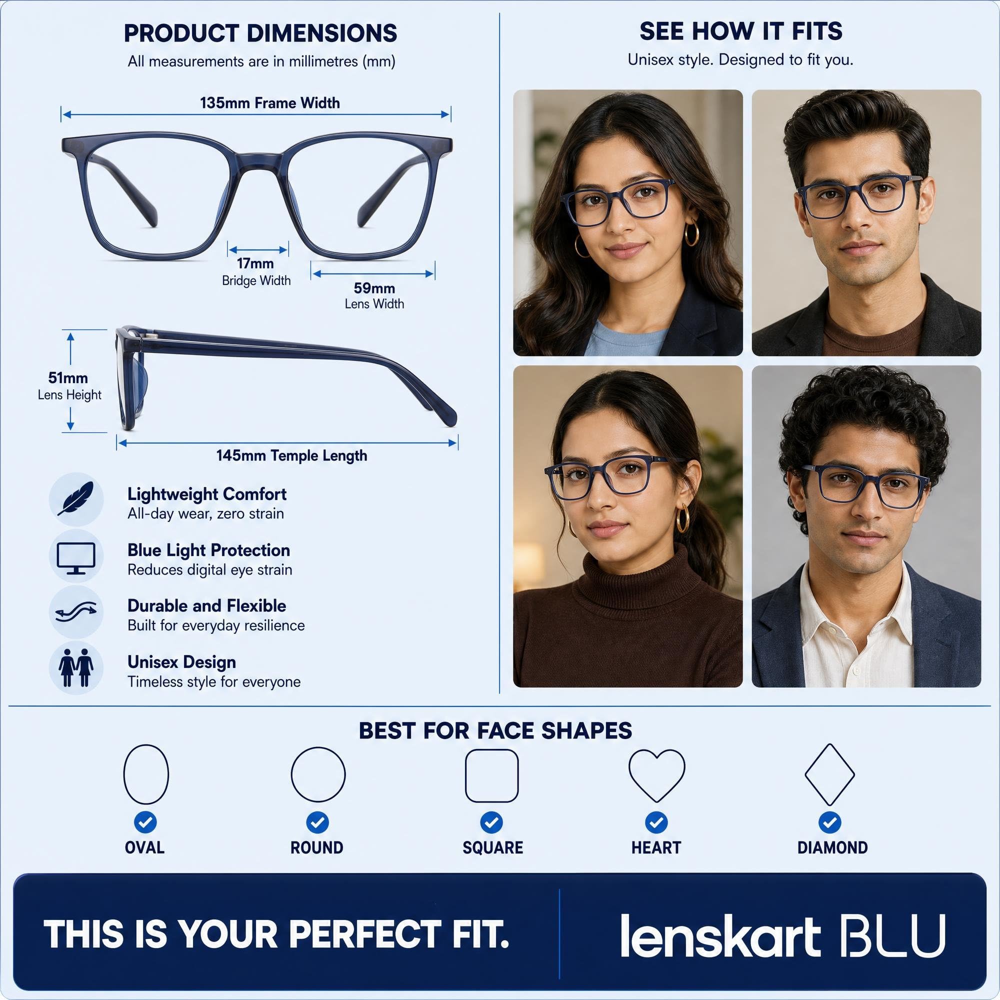 LENSKART BLU | Zero Power Blue Cut Computer Glasses | Gaming Glasses | Anti Glare, Lightweight & Blocks Harmful Rays | UV Protection Specs | Men & Women | Medium | LB E13526