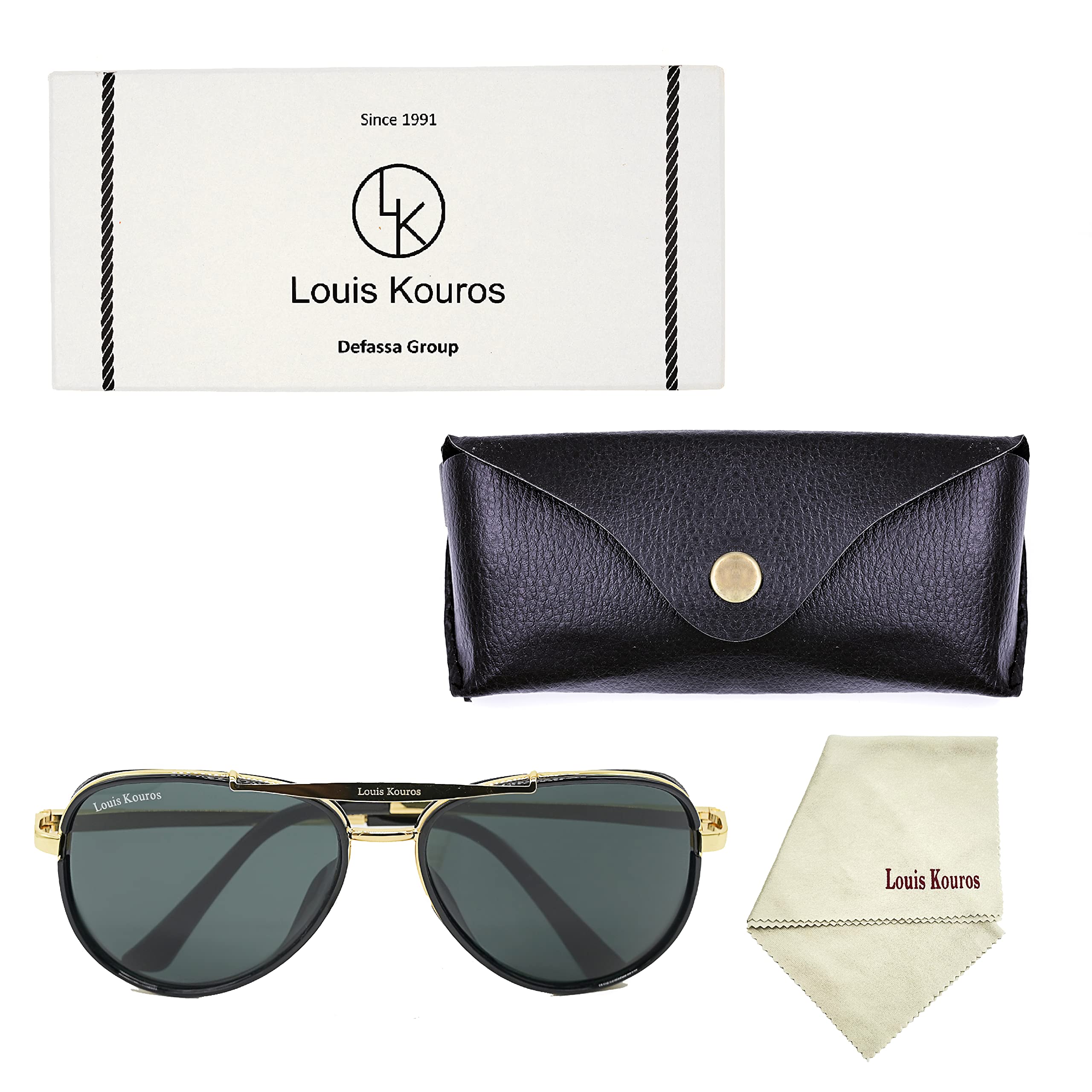 Louis Kouros Cherokee Aviator Classic 4414 sunglasses | Gold Frame | Black Lens | Mirror Lens | 400 UV Protected | For Men & Women | Medium