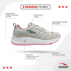 ASIAN Women's Cute Sports Running Shoes,Walking, Gym Casual Sneaker Lace-Up Shoes for Girls, Light Grey Pink