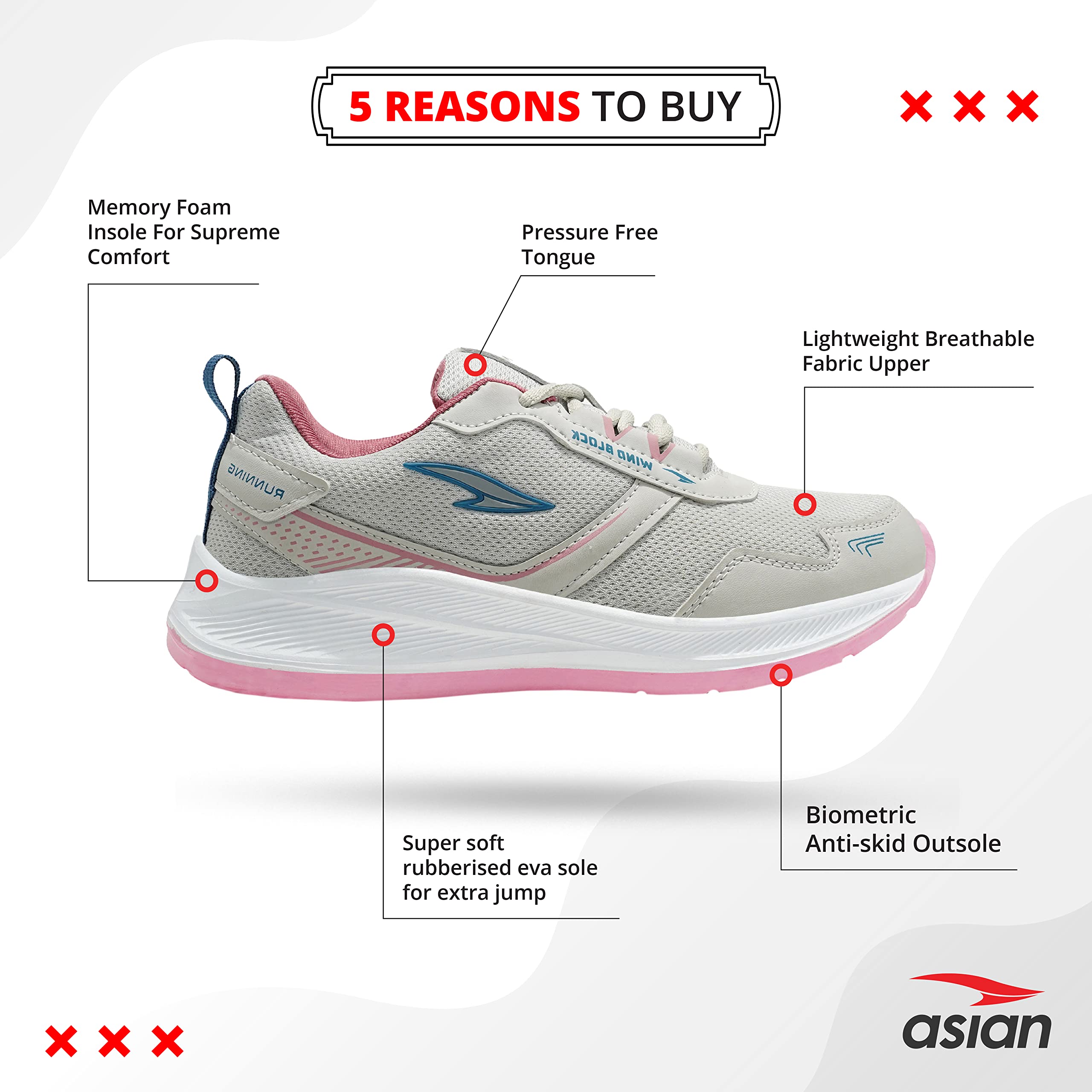 ASIAN Women's Cute Sports Running Shoes,Walking, Gym Casual Sneaker Lace-Up Shoes For Girl's Light Grey Pink - Shoes from ASIAN - Shop in Sri Lanka at Arcade.lk