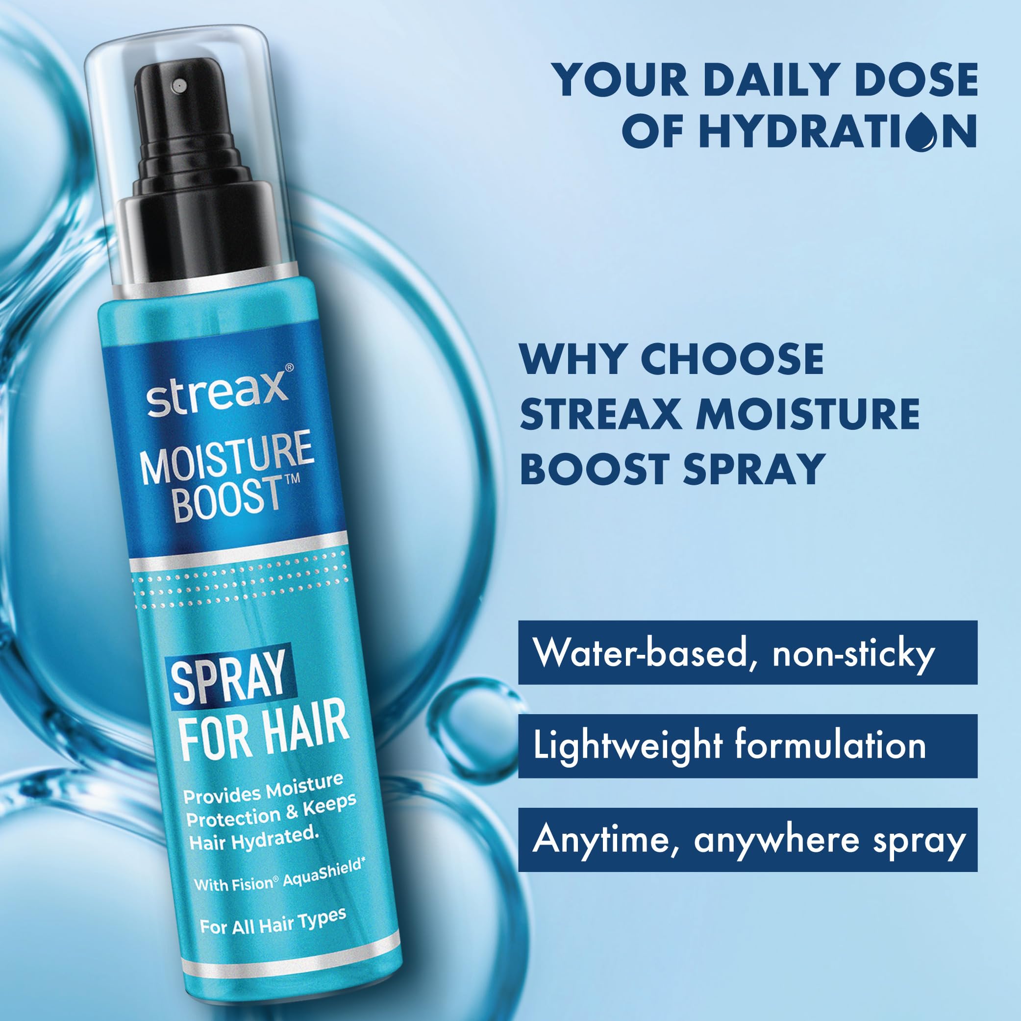 Streax Moisture Boost Spray Hair Serum for Dry Frizzy Hair - 50 ml | Hair Styling Serum for Women & Men | Hydrating, Frizz Free, Smooth & Silky finish I With Fision AquaShield