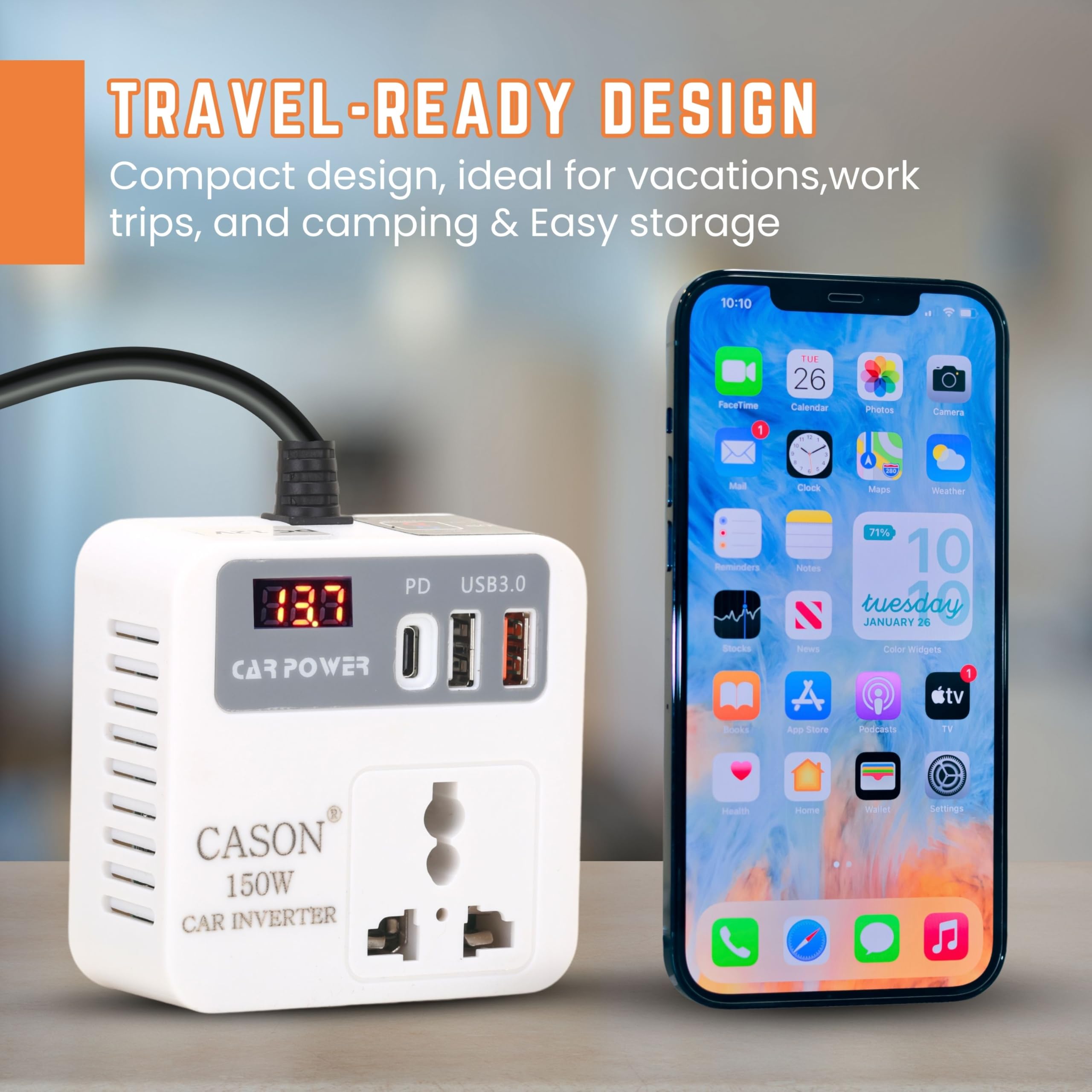 Cason 150W Car Laptop Charger/Power Inverter with 2 USB (3.1A Max) + 1 C Type Smart USB Charging Ports, 12V DC to 220V AC, 2X Universal AC Outlet
