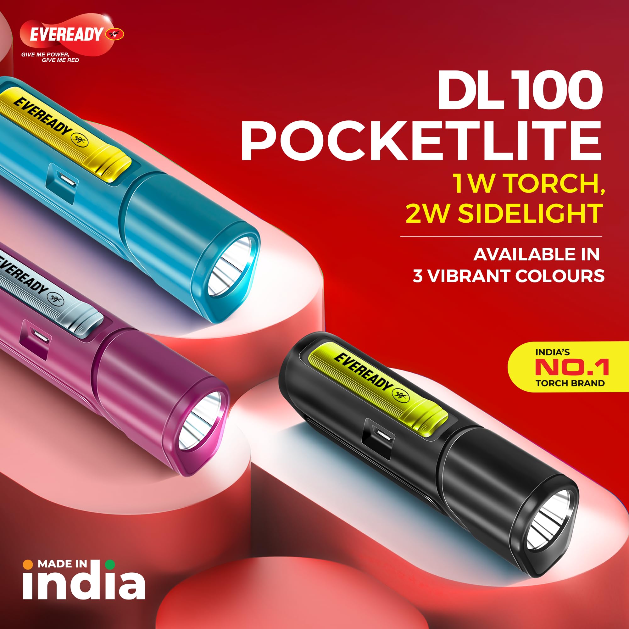 Eveready Pocketlite DL100, Rechargeable 1W LED Torch Cum Emergency 2W Sidelight, Type-B/Micro-USB Fast Charging, Overcharge & Deep Discharge Protection, Powered by Li-Ion Battery