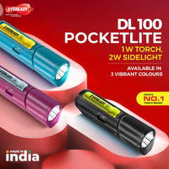 Eveready Pocketlite DL100, Rechargeable 1W LED Torch Cum Emergency 2W Sidelight, Type-B/Micro-USB Fast Charging, Overcharge & Deep Discharge Protection, Powered by Li-Ion Battery