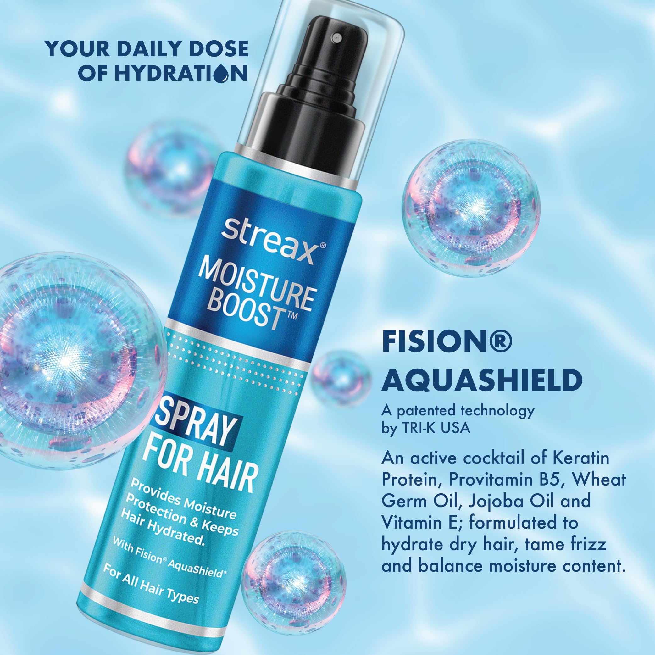 Streax Moisture Boost Spray Hair Serum for Dry Frizzy Hair - 50 ml | Hair Styling Serum for Women & Men | Hydrating, Frizz Free, Smooth & Silky finish I With Fision AquaShield