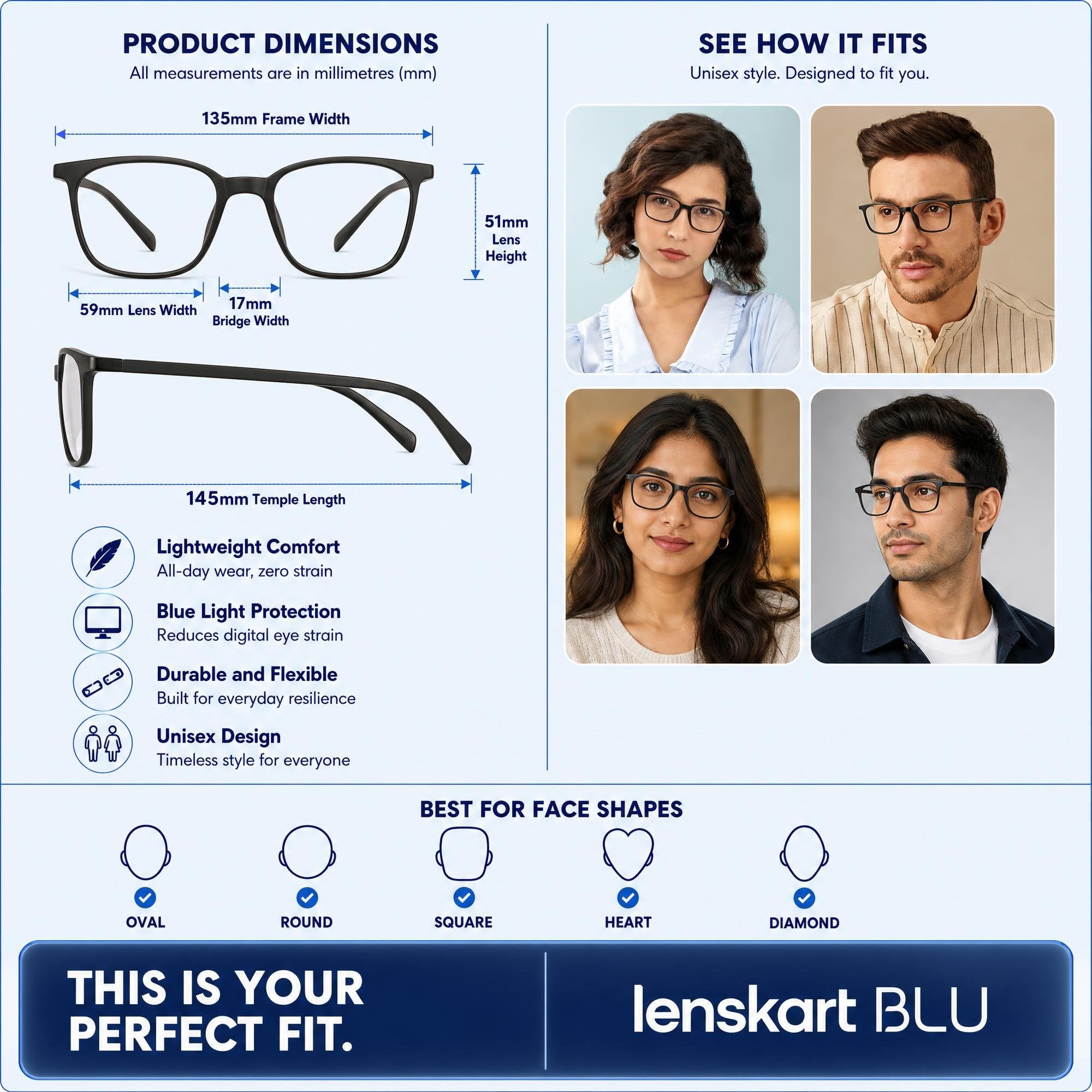 LENSKART BLU | Zero Power Blue Cut Computer Glasses | Anti Glare, Lightweight & Blocks Harmful Rays | UV Protection Specs | Men & Women | Medium | LB E13526