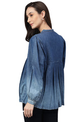 Women's Blue Denim Faded Flared Top(JNE4078-TP-M)