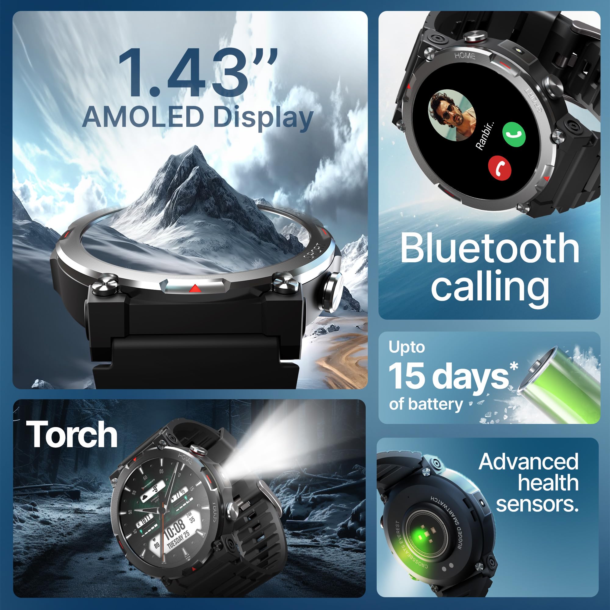 CrossBeats Everest 2.0 Smart Watch, 1.43" True AMOLED, Always ON Display Bluetooth Calling Rugged Outdoor with Flash Light Upto 15 Days Battery Life Smartwatch 100+ Sports Mode (Black)