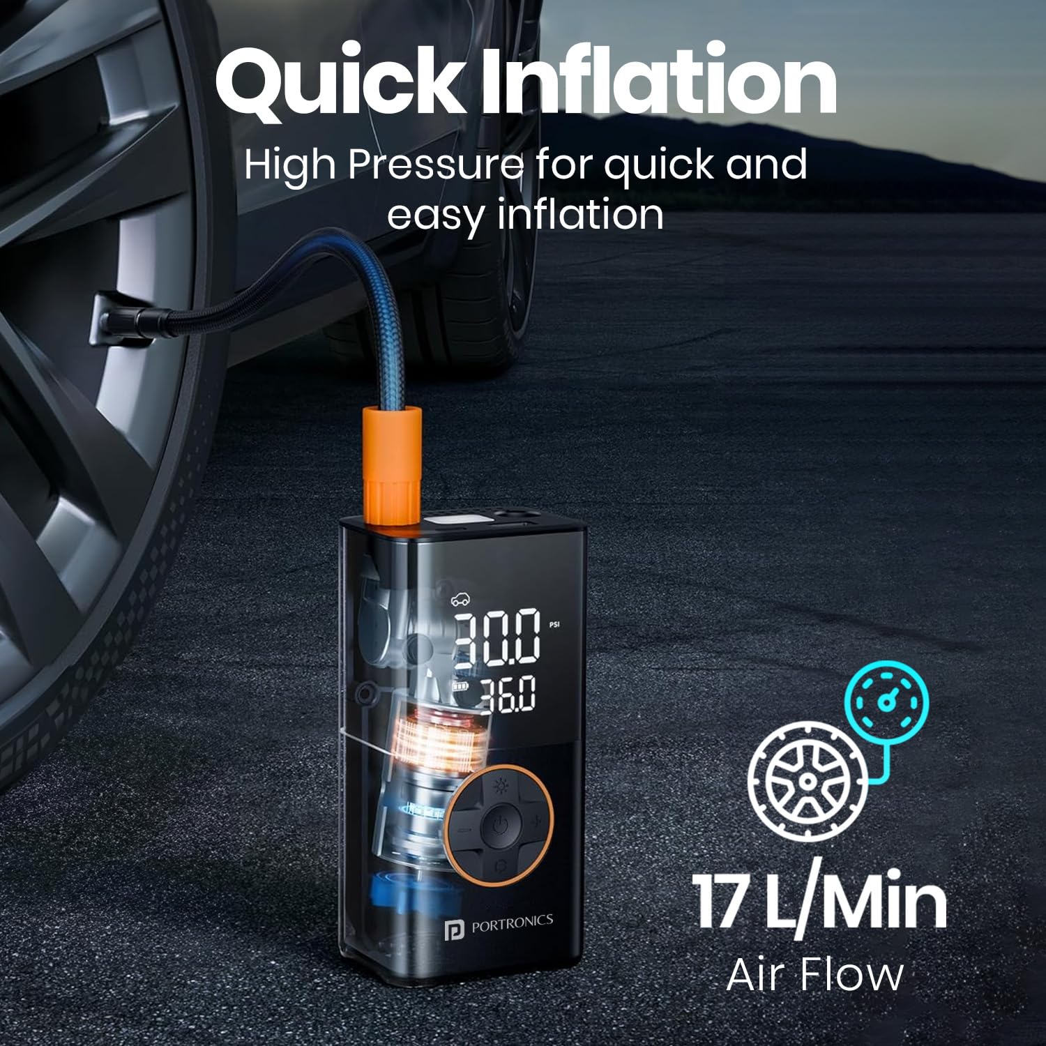 Portronics Vayu 3.0 tyre Inflator with 150 PSI Pressure, 4000 mAh Battery, Digital Display, Pressure Detection, Air Pump Compressor for Cars, Bikes, Bicycles & Balls(Black)
