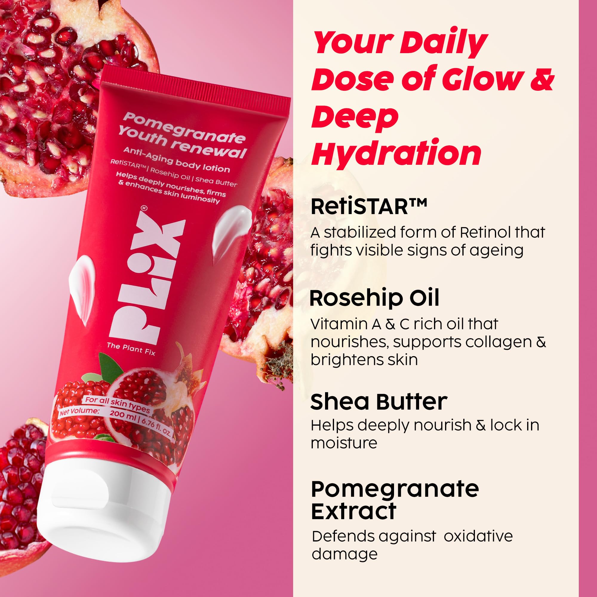 PLIX – THE PLANT FIX | Pomegranate Youth Renewal Anti-Aging Body Lotion | Reduces Fine Lines, Firms & Hydrates Skin | RetiSTAR™, Pomegranate & Shea Butter | Lightweight Daily Care