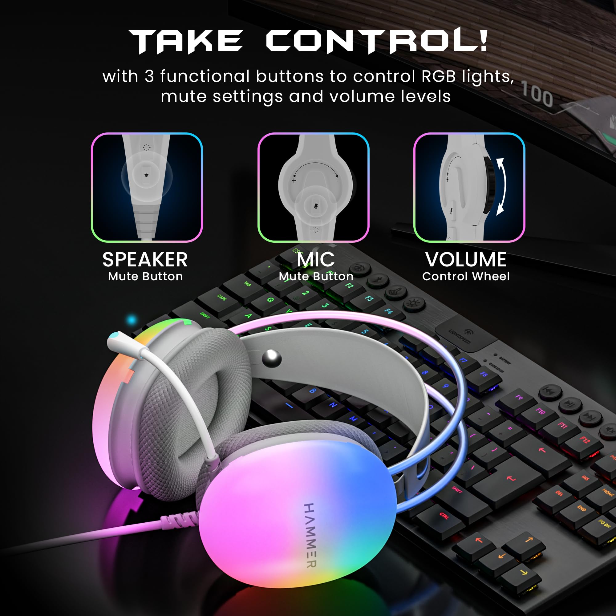 HAMMER Blaze Wired Over Ear Gaming Headphones with Mic, 50mm Drivers, Full RGB Lights, Gaming Headset with Adjustable Bands, Breathable earcushion, 1.5Mtr Wire with USB (Cyan)