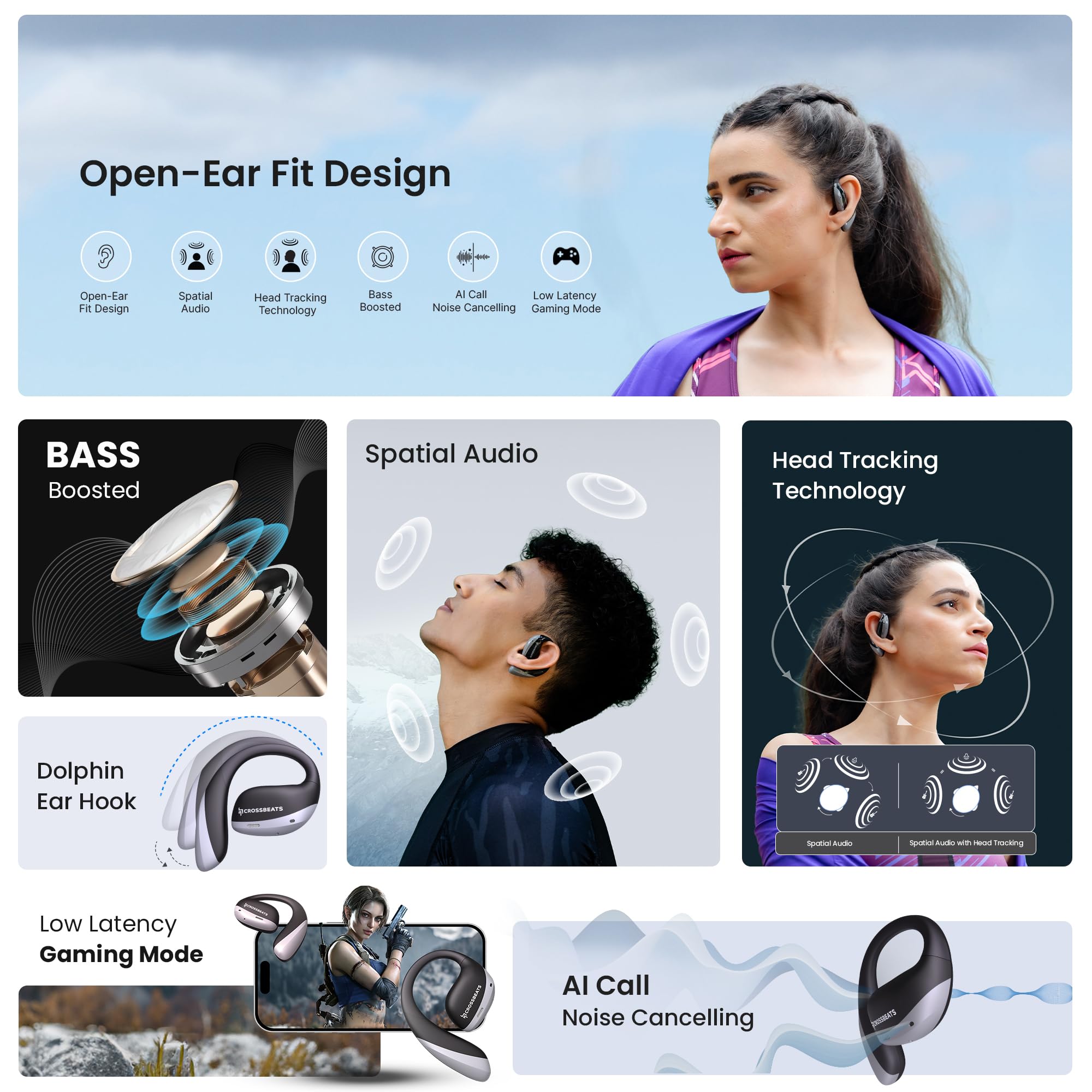 CrossBeats Arc Buds OWS Open Ear Wireless Earbuds | Spatial Audio Headphones & Head Tracking | Gaming Bluetooth Earphones | 100hr Playtime | 14.2mm Drivers IPX5 Rating Type-c Fast Charging (Black)