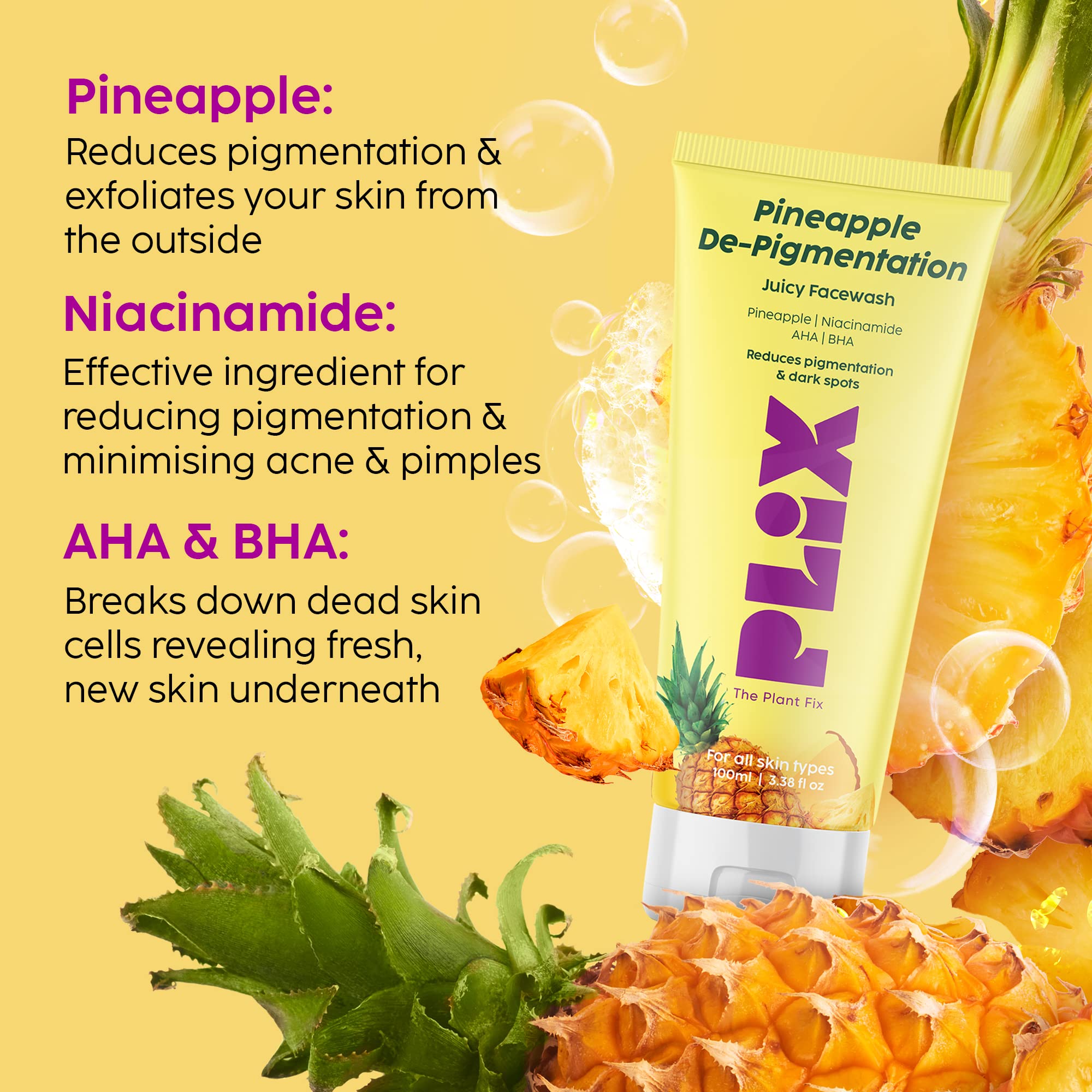 The Plant Fix Plix 5% Pineapple Foaming Facewash For Depigmentation,100ml | Cleanser For Skin Brightening & Even Toned Complexion | Free Of Sulphates, Paraben & Silicones