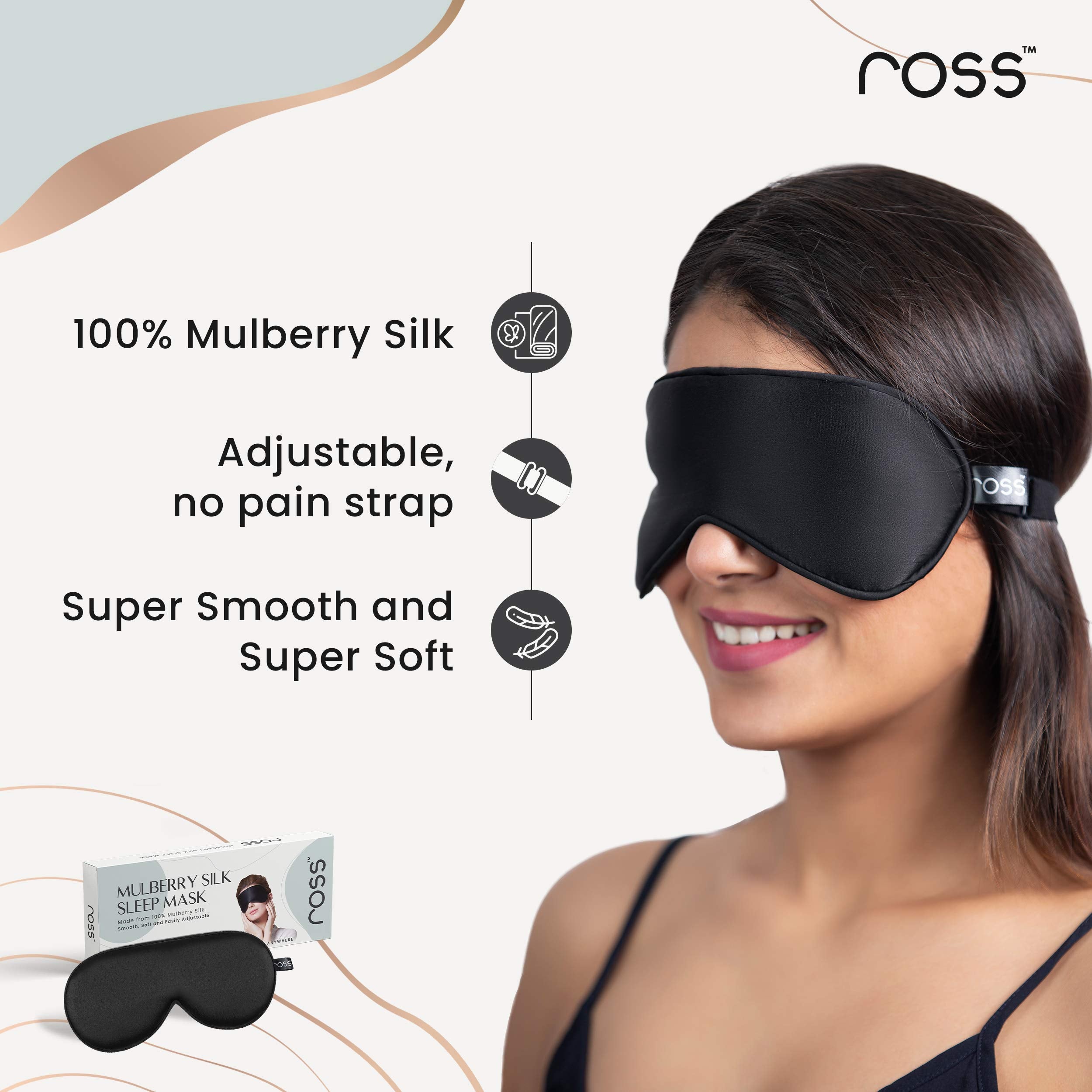 Ross 100% Mulberry Silk Sleep Mask Eye Mask, Super Smooth for Blind Fold (Black)