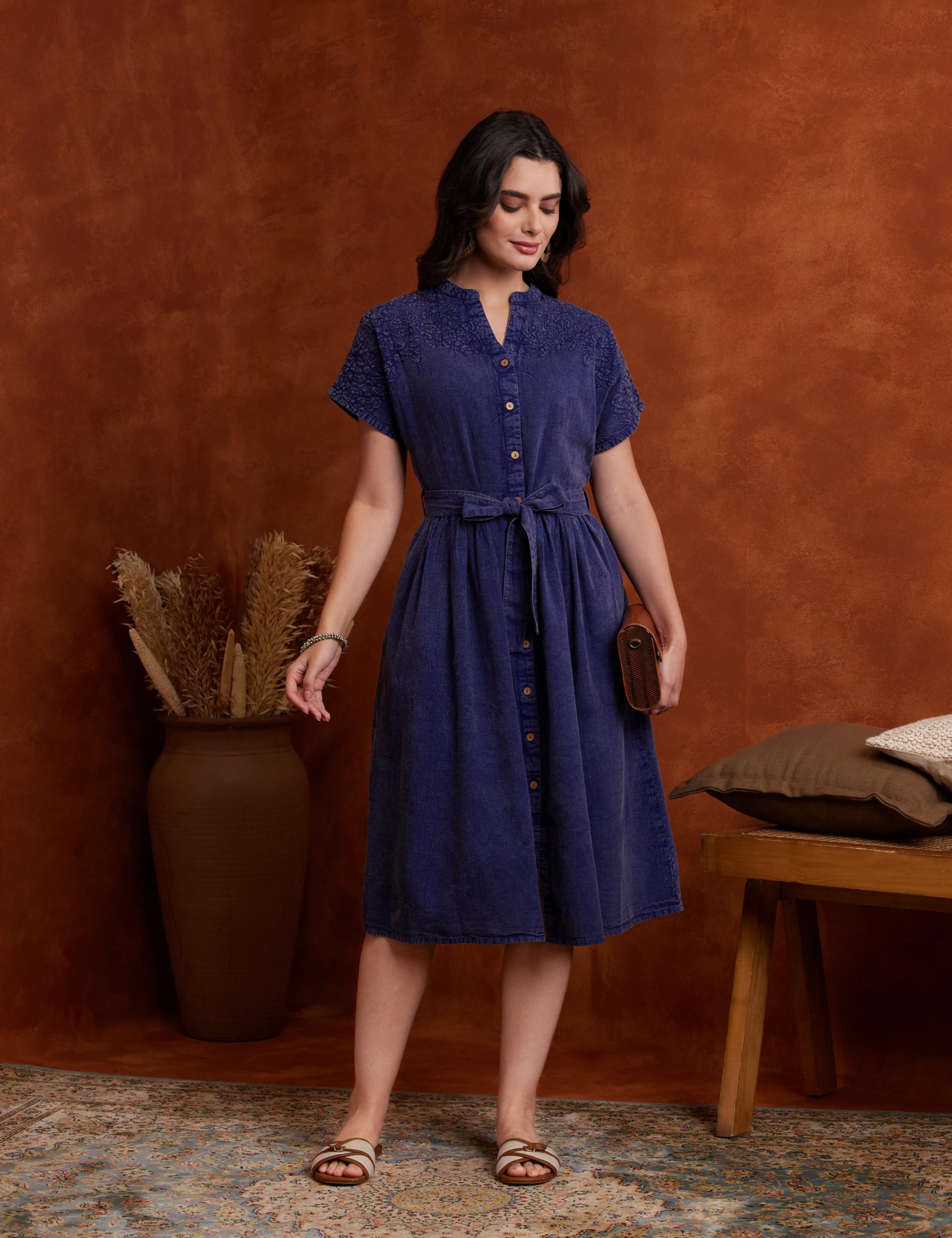 Myx Women's Embroidered Shirt Dress | Cotton Blend | Below The Knee (Available in Plus Sizes)