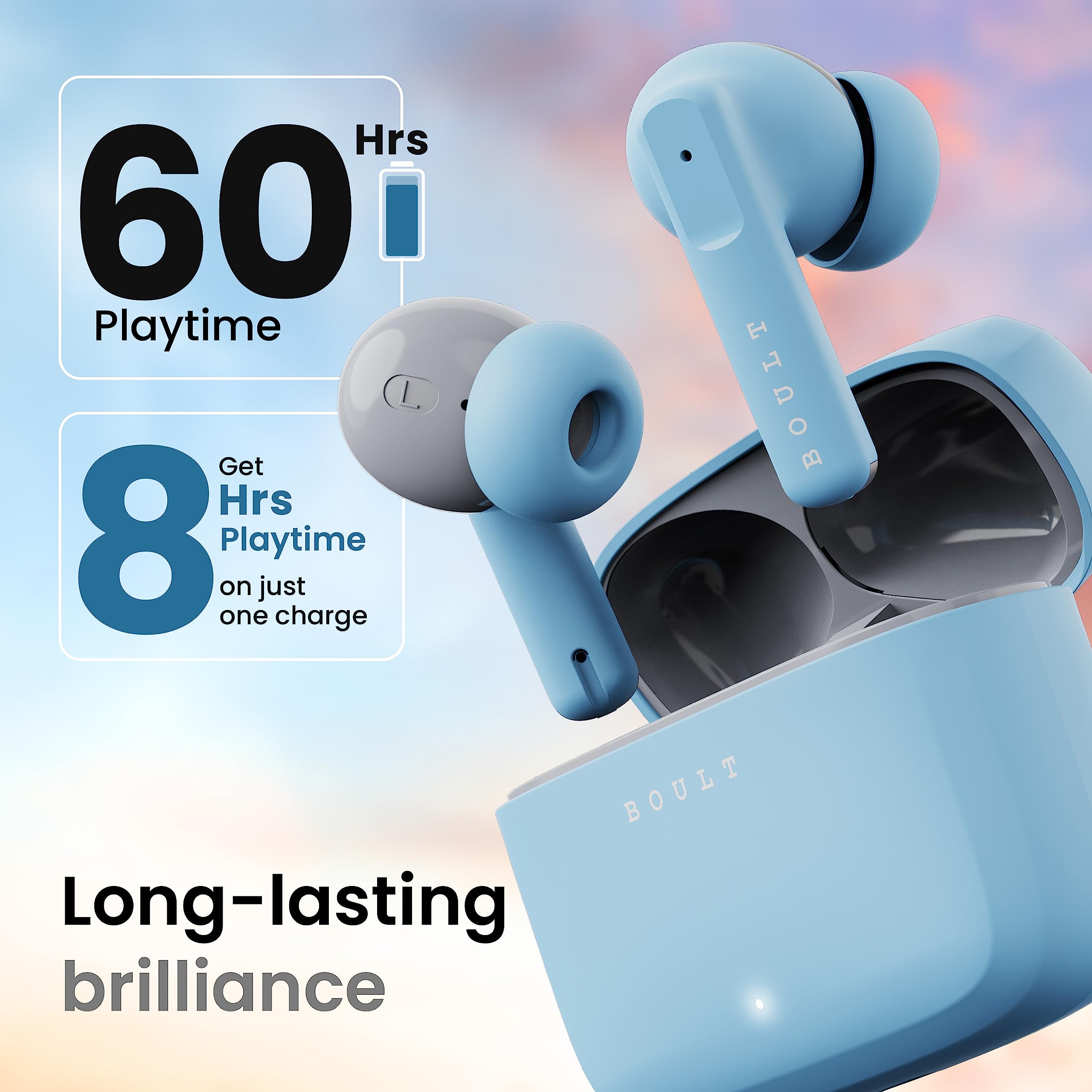 Boult Z60 Truly Wireless in Ear Earbuds with 60H Playtime, Zen™ ENC Mic, 50ms Low Latency, 13mm Bass Drivers, Type-C Fast Charging, Made in India, BT V5.3, Touch Control, IPX5 Ear Buds (Powder Blue)