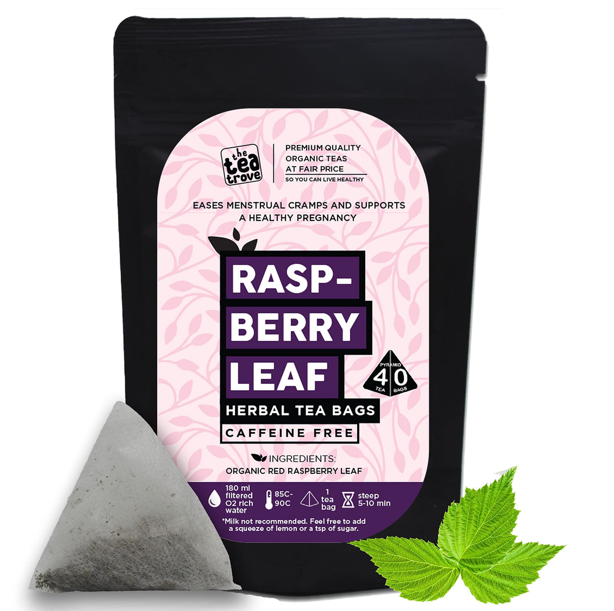 The Tea Trove Organic Red Raspberry Leaf Tea Bags - 40 Pyramid Caffeine Free Raspberry leaf tea Bag in Resealable pouch to Support Women’s Wellness
