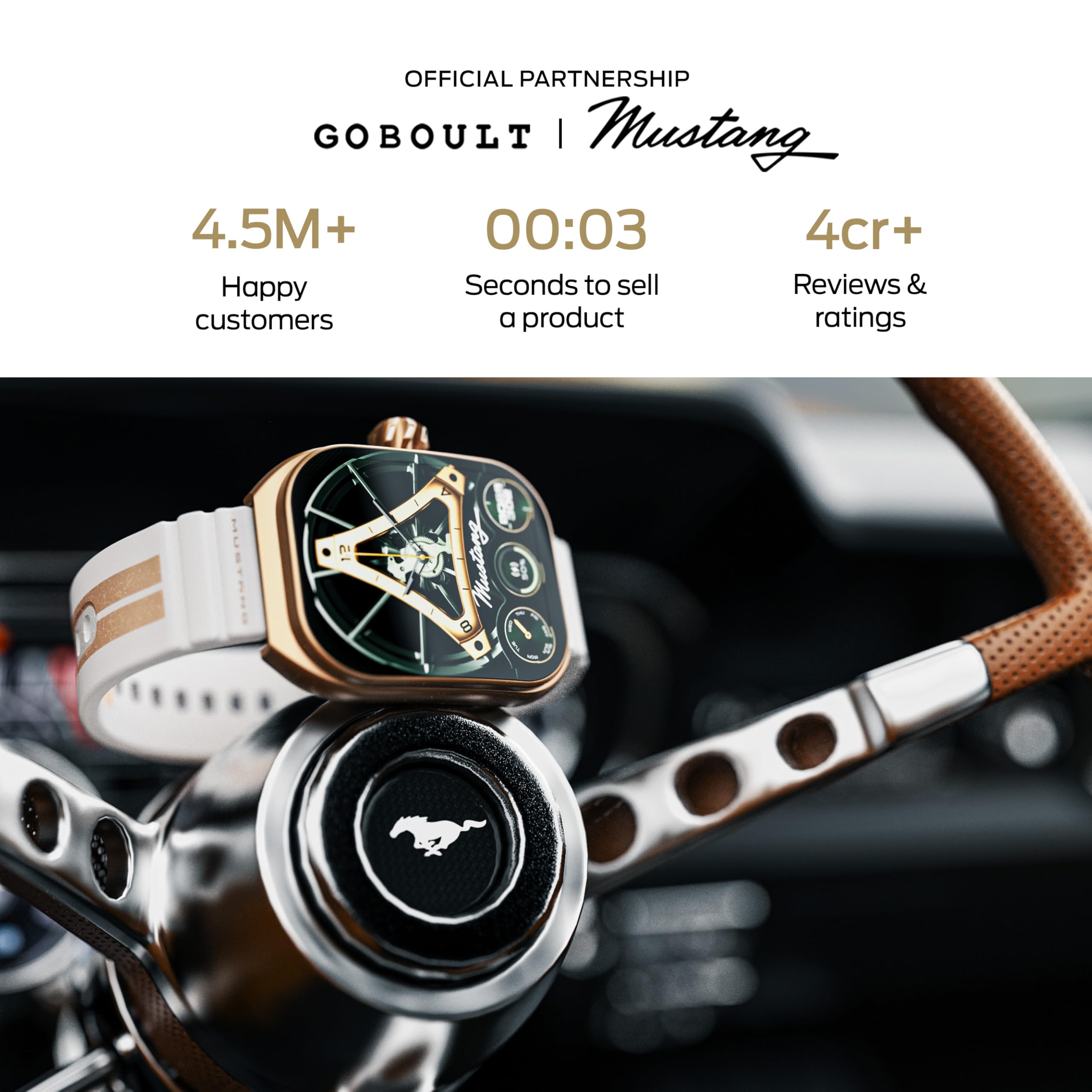 GOBOULT Mustang Muscle Smart Watch 2.01'' 3D Curved Display, Convertible Strap, Premium Metallic Crown, BT Calling, 600 Nits Brightness, AI Assistant, IP68 (Extra Starp, White Armor)