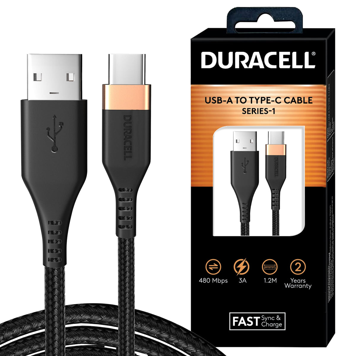 Duracell Usb-A To Type C, 65W Braided Sync & Fast Charging USB Cable, 3.9 Feet(1.2M), Qc 2.0/3.0 Ultra Fast Charging, Seamless Data Transmission, Series 1,Black